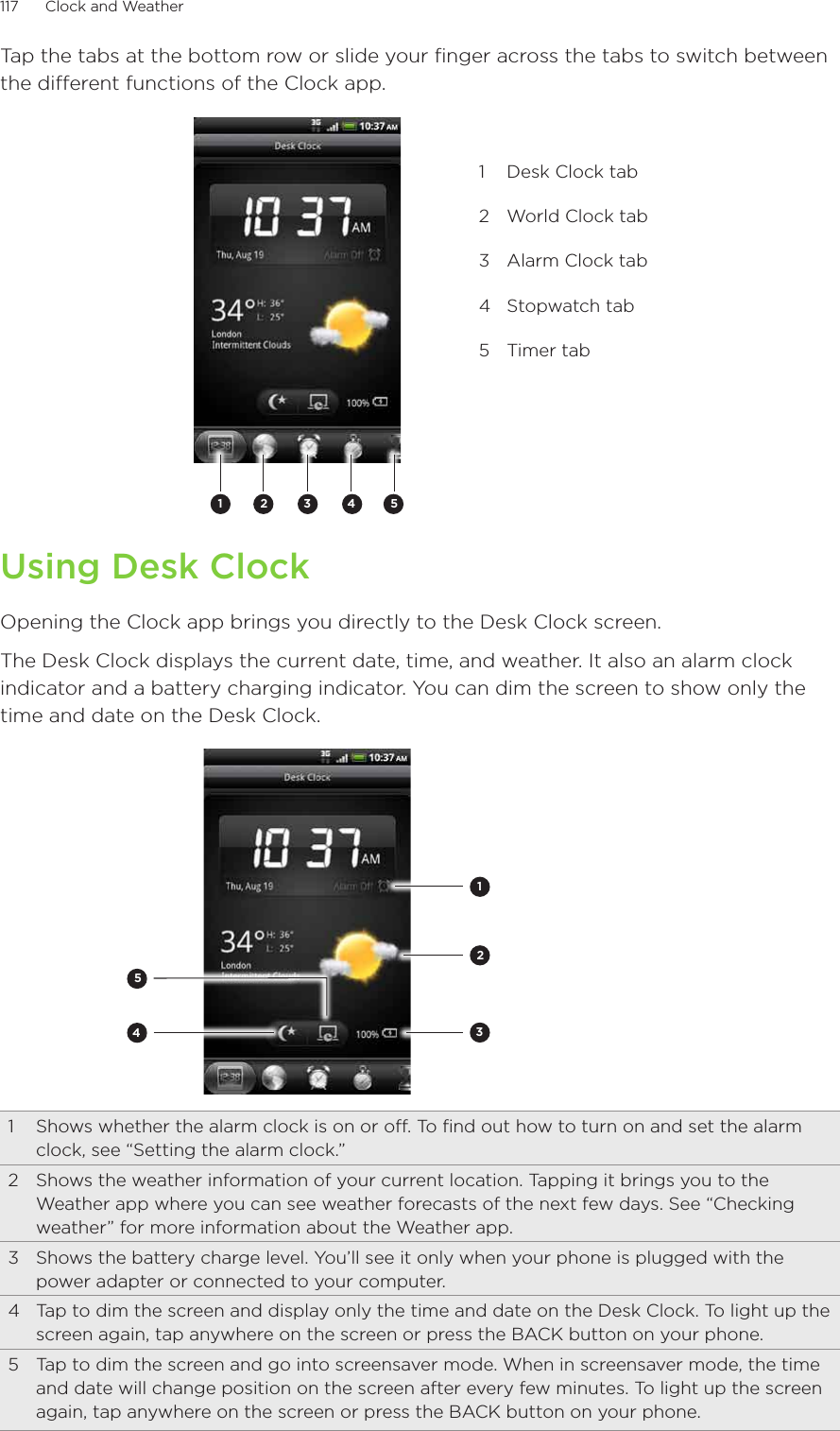 117      Clock and Weather      Tap the tabs at the bottom row or slide your finger across the tabs to switch between the different functions of the Clock app.2 3 4511  Desk Clock tab2  World Clock tab3  Alarm Clock tab4  Stopwatch tab5  Timer tabUsing Desk ClockOpening the Clock app brings you directly to the Desk Clock screen.The Desk Clock displays the current date, time, and weather. It also an alarm clock indicator and a battery charging indicator. You can dim the screen to show only the time and date on the Desk Clock.234511  Shows whether the alarm clock is on or off. To find out how to turn on and set the alarm clock, see “Setting the alarm clock.”2  Shows the weather information of your current location. Tapping it brings you to the Weather app where you can see weather forecasts of the next few days. See “Checking weather” for more information about the Weather app.3  Shows the battery charge level. You’ll see it only when your phone is plugged with the power adapter or connected to your computer.4  Tap to dim the screen and display only the time and date on the Desk Clock. To light up the screen again, tap anywhere on the screen or press the BACK button on your phone.5  Tap to dim the screen and go into screensaver mode. When in screensaver mode, the time and date will change position on the screen after every few minutes. To light up the screen again, tap anywhere on the screen or press the BACK button on your phone.