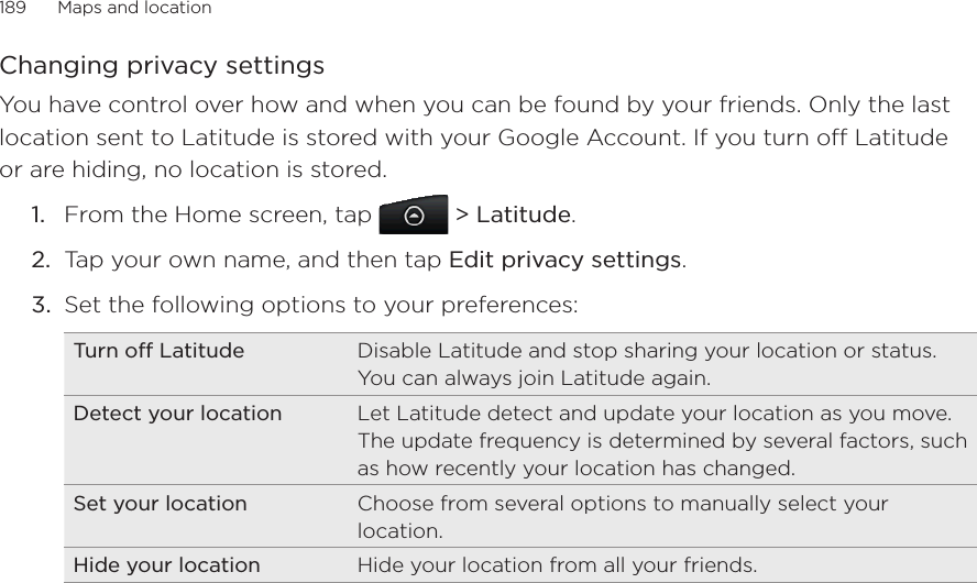 189      Maps and location      Changing privacy settingsYou have control over how and when you can be found by your friends. Only the last location sent to Latitude is stored with your Google Account. If you turn off Latitude or are hiding, no location is stored.From the Home screen, tap   &gt; Latitude.Tap your own name, and then tap Edit privacy settings. Set the following options to your preferences:Turn off Latitude Disable Latitude and stop sharing your location or status. You can always join Latitude again.Detect your location Let Latitude detect and update your location as you move. The update frequency is determined by several factors, such as how recently your location has changed.Set your location Choose from several options to manually select your location.Hide your location Hide your location from all your friends. 1.2.3.