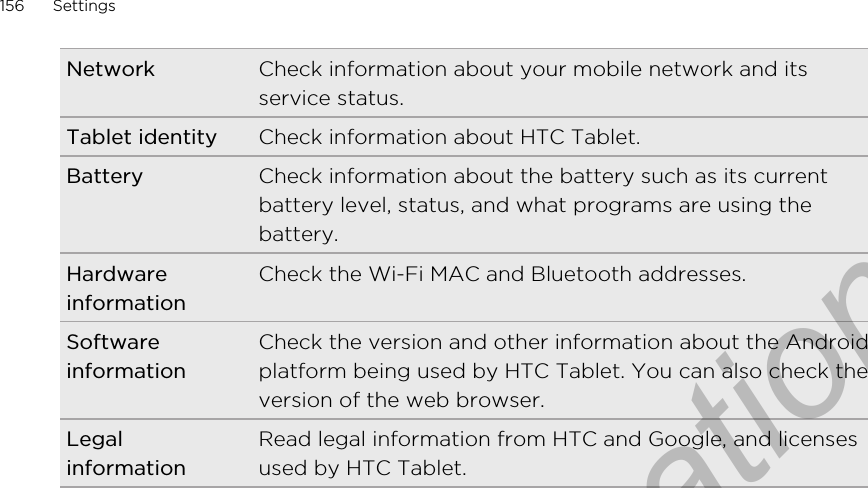 Network Check information about your mobile network and itsservice status.Tablet identity Check information about HTC Tablet.Battery Check information about the battery such as its currentbattery level, status, and what programs are using thebattery.HardwareinformationCheck the Wi-Fi MAC and Bluetooth addresses.SoftwareinformationCheck the version and other information about the Androidplatform being used by HTC Tablet. You can also check theversion of the web browser.LegalinformationRead legal information from HTC and Google, and licensesused by HTC Tablet.156 SettingsOnly for certification