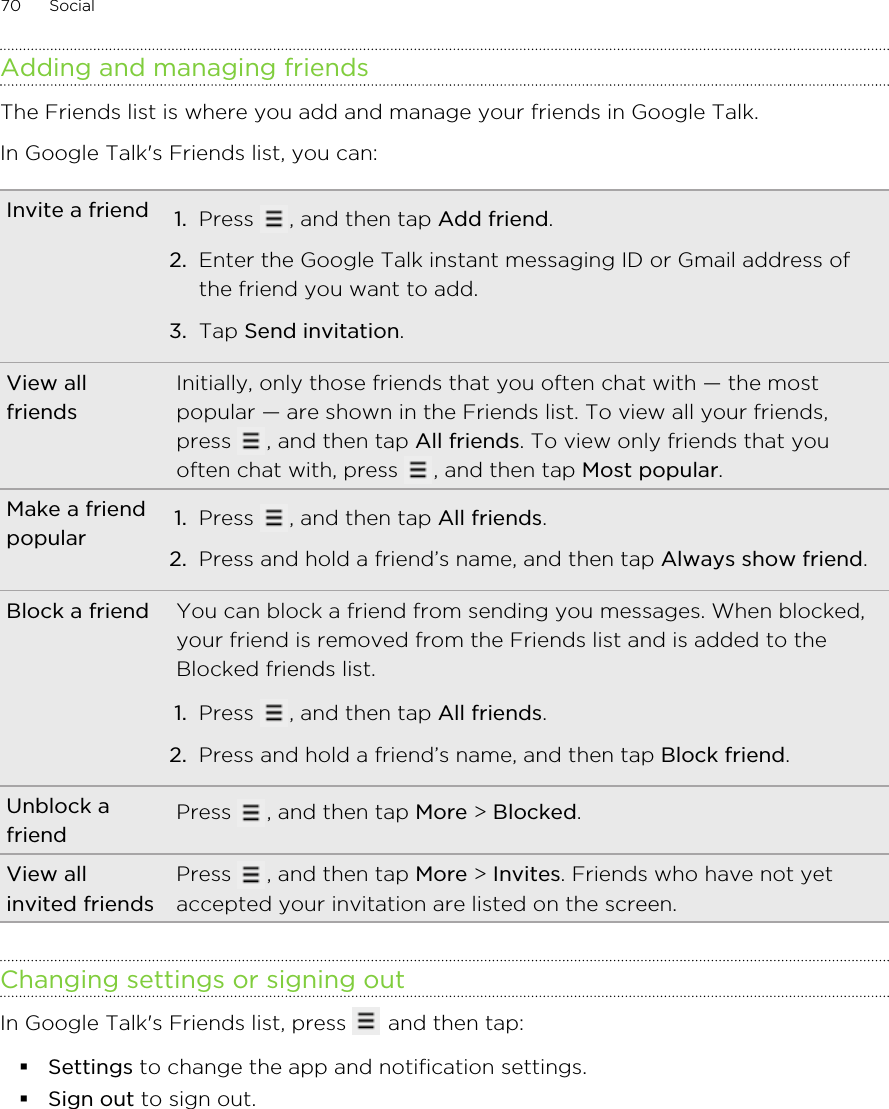 Adding and managing friendsThe Friends list is where you add and manage your friends in Google Talk.In Google Talk&apos;s Friends list, you can:Invite a friend 1. Press  , and then tap Add friend.2. Enter the Google Talk instant messaging ID or Gmail address ofthe friend you want to add.3. Tap Send invitation.View allfriendsInitially, only those friends that you often chat with — the mostpopular — are shown in the Friends list. To view all your friends,press  , and then tap All friends. To view only friends that youoften chat with, press  , and then tap Most popular.Make a friendpopular 1. Press  , and then tap All friends.2. Press and hold a friend’s name, and then tap Always show friend.Block a friend You can block a friend from sending you messages. When blocked,your friend is removed from the Friends list and is added to theBlocked friends list.1. Press  , and then tap All friends.2. Press and hold a friend’s name, and then tap Block friend.Unblock afriend Press  , and then tap More &gt; Blocked.View allinvited friendsPress  , and then tap More &gt; Invites. Friends who have not yetaccepted your invitation are listed on the screen.Changing settings or signing outIn Google Talk&apos;s Friends list, press   and then tap:§Settings to change the app and notification settings.§Sign out to sign out.70 Social