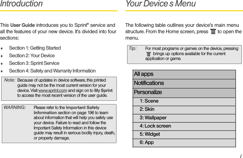 iIntroductionThis User Guide introduces you to Sprint® service and all the features of your new device. It’s divided into four sections:ࡗSection 1: Getting StartedࡗSection 2: Your DeviceࡗSection 3: Sprint ServiceࡗSection 4: Safety and Warranty InformationYour Device’s MenuThe following table outlines your device’s main menu structure. From the Home screen, press   to open the menu.Note: Because of updates in device software, this printed guide may not be the most current version for your device. Visit www.sprint.com and sign on to My Sprint to access the most recent version of the user guide. WARNING: Please refer to the Important Safety Information section on page 196 to learn about information that will help you safely use your device. Failure to read and follow the Important Safety Information in this device guide may result in serious bodily injury, death, or property damage.Tip: For most programs or games on the device, pressing  brings up options available for the current application or game. All appsNotificationsPersonalize1: Scene2: Skin3: Wallpaper4: Lock screen5: Widget6: App