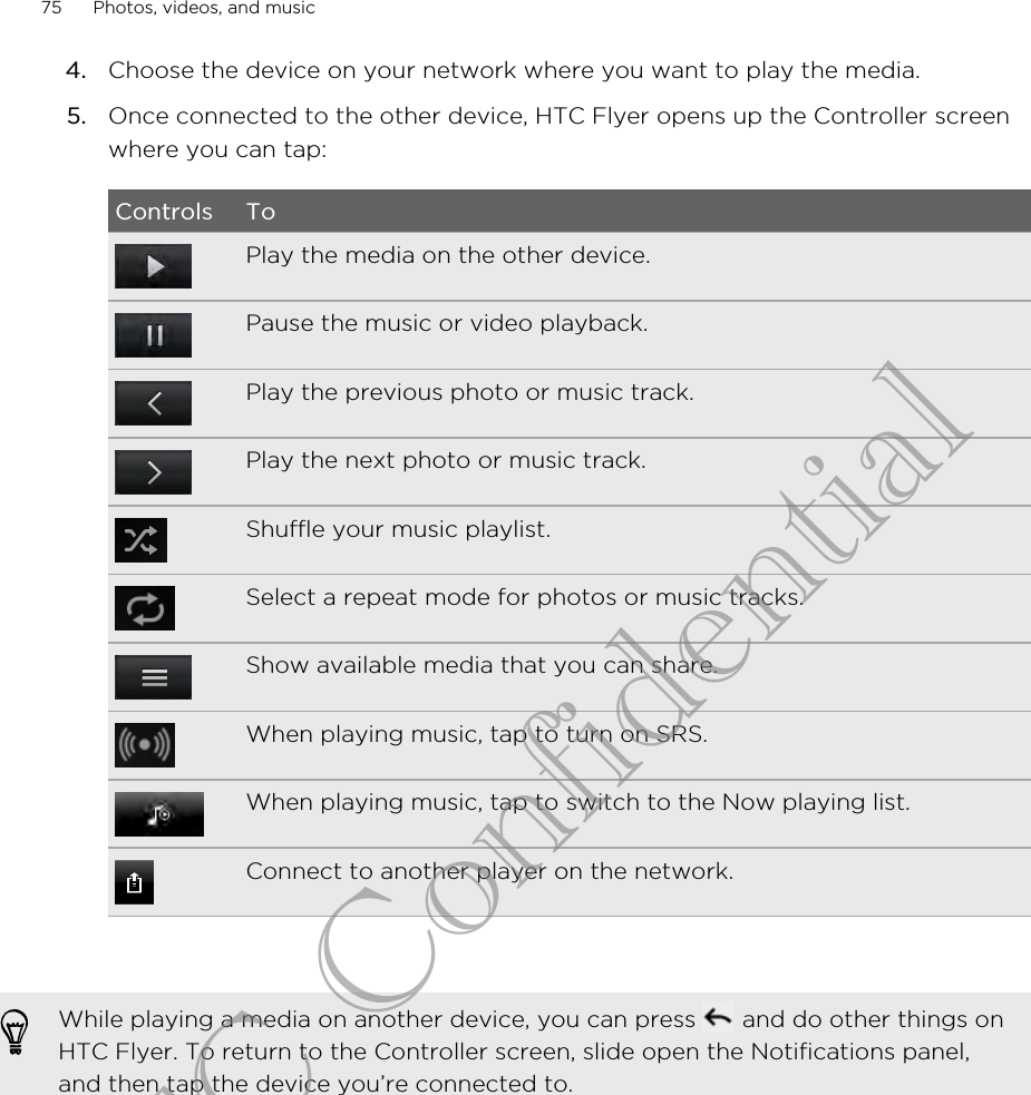 4. Choose the device on your network where you want to play the media.5. Once connected to the other device, HTC Flyer opens up the Controller screenwhere you can tap:Controls ToPlay the media on the other device.Pause the music or video playback.Play the previous photo or music track.Play the next photo or music track.Shuffle your music playlist.Select a repeat mode for photos or music tracks.Show available media that you can share.When playing music, tap to turn on SRS.When playing music, tap to switch to the Now playing list.Connect to another player on the network.While playing a media on another device, you can press   and do other things onHTC Flyer. To return to the Controller screen, slide open the Notifications panel,and then tap the device you’re connected to.75 Photos, videos, and musicHTC Confidential
