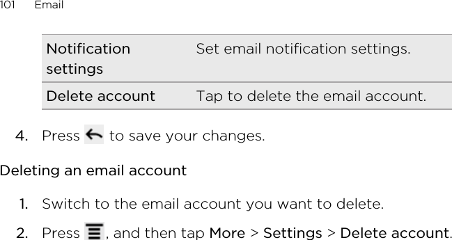 NotificationsettingsSet email notification settings.Delete account Tap to delete the email account.4. Press   to save your changes.Deleting an email account1. Switch to the email account you want to delete.2. Press  , and then tap More &gt; Settings &gt; Delete account.101 EmailHTC Confidential