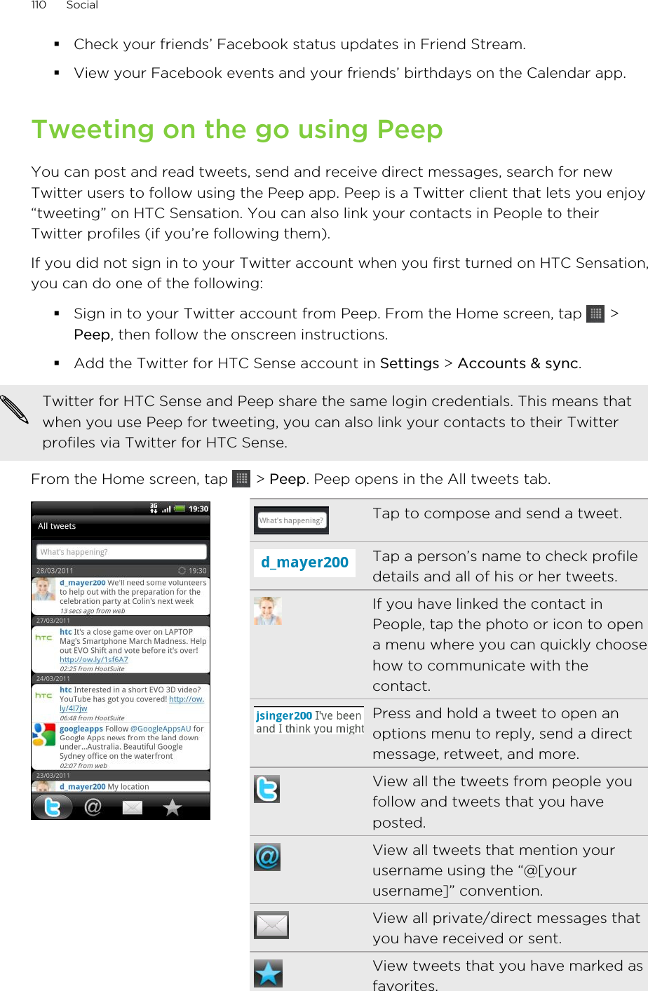 §Check your friends’ Facebook status updates in Friend Stream.§View your Facebook events and your friends’ birthdays on the Calendar app.Tweeting on the go using PeepYou can post and read tweets, send and receive direct messages, search for newTwitter users to follow using the Peep app. Peep is a Twitter client that lets you enjoy“tweeting” on HTC Sensation. You can also link your contacts in People to theirTwitter profiles (if you’re following them).If you did not sign in to your Twitter account when you first turned on HTC Sensation,you can do one of the following:§Sign in to your Twitter account from Peep. From the Home screen, tap   &gt;Peep, then follow the onscreen instructions.§Add the Twitter for HTC Sense account in Settings &gt; Accounts &amp; sync.Twitter for HTC Sense and Peep share the same login credentials. This means thatwhen you use Peep for tweeting, you can also link your contacts to their Twitterprofiles via Twitter for HTC Sense.From the Home screen, tap   &gt; Peep. Peep opens in the All tweets tab.Tap to compose and send a tweet.Tap a person’s name to check profiledetails and all of his or her tweets.If you have linked the contact inPeople, tap the photo or icon to opena menu where you can quickly choosehow to communicate with thecontact.Press and hold a tweet to open anoptions menu to reply, send a directmessage, retweet, and more.View all the tweets from people youfollow and tweets that you haveposted.View all tweets that mention yourusername using the “@[yourusername]” convention.View all private/direct messages thatyou have received or sent.View tweets that you have marked asfavorites.110 Social