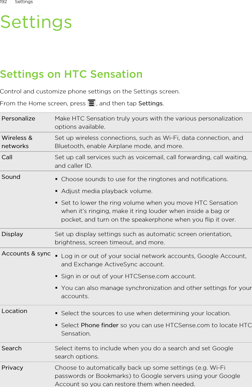 SettingsSettings on HTC SensationControl and customize phone settings on the Settings screen.From the Home screen, press  , and then tap Settings.Personalize Make HTC Sensation truly yours with the various personalizationoptions available.Wireless &amp;networksSet up wireless connections, such as Wi-Fi, data connection, andBluetooth, enable Airplane mode, and more.Call Set up call services such as voicemail, call forwarding, call waiting,and caller ID.Sound §Choose sounds to use for the ringtones and notifications.§Adjust media playback volume.§Set to lower the ring volume when you move HTC Sensationwhen it’s ringing, make it ring louder when inside a bag orpocket, and turn on the speakerphone when you flip it over.Display Set up display settings such as automatic screen orientation,brightness, screen timeout, and more.Accounts &amp; sync §Log in or out of your social network accounts, Google Account,and Exchange ActiveSync account.§Sign in or out of your HTCSense.com account.§You can also manage synchronization and other settings for youraccounts.Location §Select the sources to use when determining your location.§Select Phone finder so you can use HTCSense.com to locate HTCSensation.Search Select items to include when you do a search and set Googlesearch options.Privacy Choose to automatically back up some settings (e.g. Wi-Fipasswords or Bookmarks) to Google servers using your GoogleAccount so you can restore them when needed.192 Settings