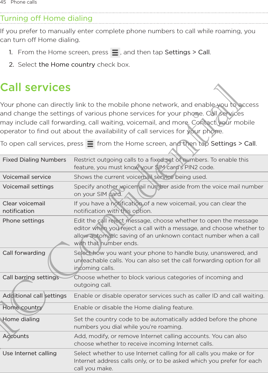 45  Phone calls      Turning off Home dialingIf you prefer to manually enter complete phone numbers to call while roaming, you can turn off Home dialing.From the Home screen, press  , and then tap Settings &gt; Call.2.  Select the Home country check box.Call servicesYour phone can directly link to the mobile phone network, and enable you to access and change the settings of various phone services for your phone. Call services may include call forwarding, call waiting, voicemail, and more. Contact your mobile operator to find out about the availability of call services for your phone.To open call services, press   from the Home screen, and then tap Settings &gt; Call.Fixed Dialing Numbers Restrict outgoing calls to a fixed set of numbers. To enable this feature, you must know your SIM card’s PIN2 code.Voicemail service Shows the current voicemail service being used.Voicemail settings Specify another voicemail number aside from the voice mail number on your SIM card.Clear voicemail notificationIf you have a notification of a new voicemail, you can clear the notification with this option.Phone settings Edit the call reject message, choose whether to open the message editor when you reject a call with a message, and choose whether to allow automatic saving of an unknown contact number when a call with that number ends.Call forwarding Select how you want your phone to handle busy, unanswered, and unreachable calls. You can also set the call forwarding option for all incoming calls.Call barring settings Choose whether to block various categories of incoming and outgoing call.Additional call settings Enable or disable operator services such as caller ID and call waiting.Home country Enable or disable the Home dialing feature.Home dialing Set the country code to be automatically added before the phone numbers you dial while you’re roaming.Accounts Add, modify, or remove Internet calling accounts. You can also choose whether to receive incoming Internet calls.Use Internet calling Select whether to use Internet calling for all calls you make or for Internet address calls only, or to be asked which you prefer for each call you make.1.HTC Confidential