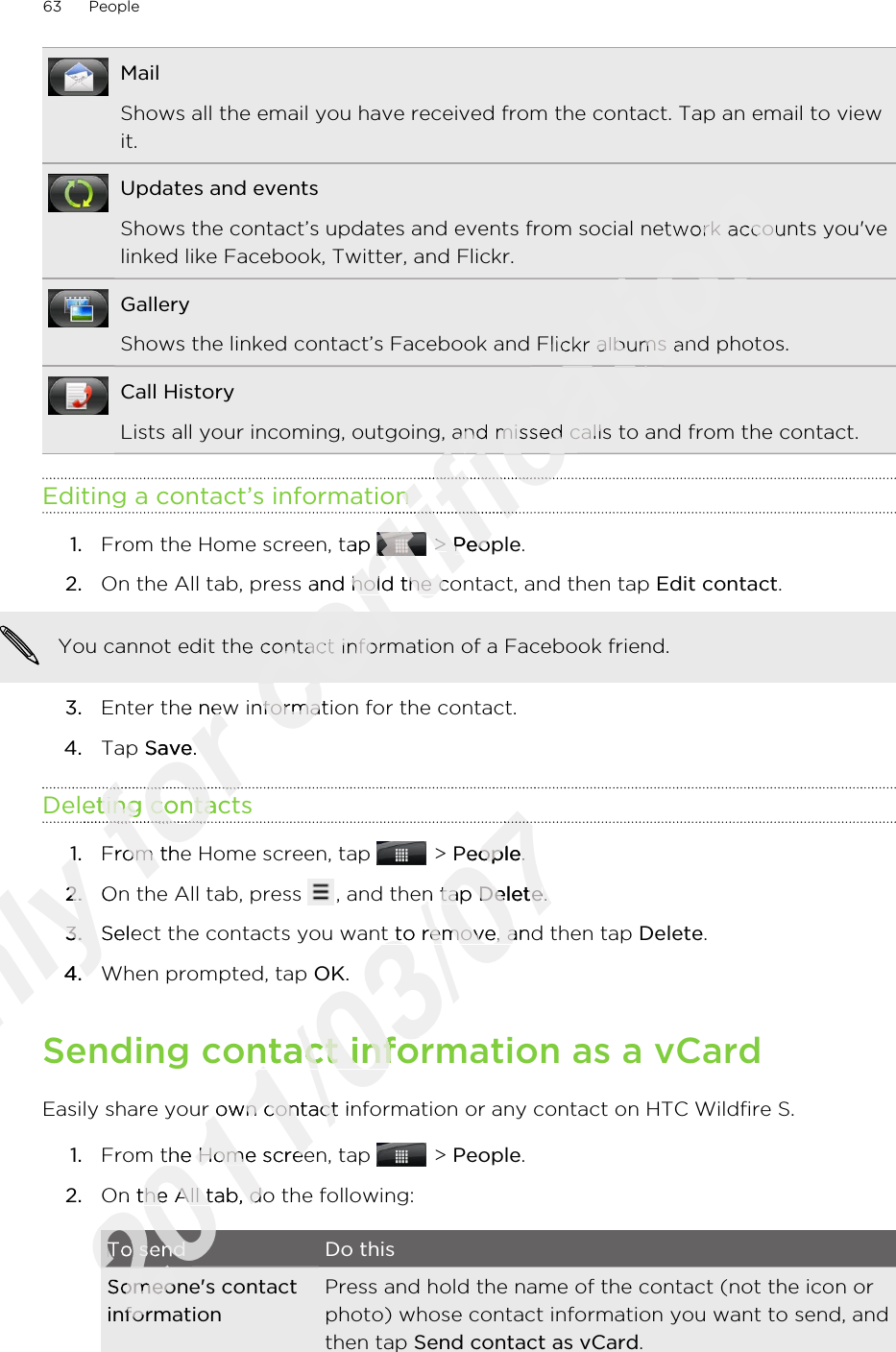 MailShows all the email you have received from the contact. Tap an email to viewit.Updates and eventsShows the contact’s updates and events from social network accounts you&apos;velinked like Facebook, Twitter, and Flickr.GalleryShows the linked contact’s Facebook and Flickr albums and photos.Call HistoryLists all your incoming, outgoing, and missed calls to and from the contact.Editing a contact’s information1. From the Home screen, tap   &gt; People.2. On the All tab, press and hold the contact, and then tap Edit contact. You cannot edit the contact information of a Facebook friend.3. Enter the new information for the contact.4. Tap Save.Deleting contacts1. From the Home screen, tap   &gt; People.2. On the All tab, press  , and then tap Delete.3. Select the contacts you want to remove, and then tap Delete.4. When prompted, tap OK.Sending contact information as a vCardEasily share your own contact information or any contact on HTC Wildfire S.1. From the Home screen, tap   &gt; People.2. On the All tab, do the following:To send Do thisSomeone&apos;s contactinformationPress and hold the name of the contact (not the icon orphoto) whose contact information you want to send, andthen tap Send contact as vCard.63 PeopleOnly 1.Only 1.2.Only 2.On the All tab, press Only On the All tab, press 3.Only 3.Select the contacts you want to remove, and then tap Only Select the contacts you want to remove, and then tap 4.Only 4.for Enter the new information for the contact.for Enter the new information for the contact.Savefor Save.for .Deleting contactsfor Deleting contactsfor for for From the Home screen, tap for From the Home screen, tap certification certification Shows the contact’s updates and events from social network accounts you&apos;vecertification Shows the contact’s updates and events from social network accounts you&apos;veShows the linked contact’s Facebook and Flickr albums and photos.certification Shows the linked contact’s Facebook and Flickr albums and photos.Lists all your incoming, outgoing, and missed calls to and from the contact.certification Lists all your incoming, outgoing, and missed calls to and from the contact.certification certification certification Editing a contact’s informationcertification Editing a contact’s informationcertification certification From the Home screen, tap certification From the Home screen, tap certification  &gt; certification  &gt; Peoplecertification PeopleOn the All tab, press and hold the contact, and then tap certification On the All tab, press and hold the contact, and then tap certification You cannot edit the contact information of a Facebook friend.certification You cannot edit the contact information of a Facebook friend.Enter the new information for the contact.certification Enter the new information for the contact.2011/03/072011/03/072011/03/07People2011/03/07People.2011/03/07., and then tap 2011/03/07, and then tap Delete2011/03/07Delete.2011/03/07.Select the contacts you want to remove, and then tap 2011/03/07Select the contacts you want to remove, and then tap OK2011/03/07OK.2011/03/07.Sending contact information as a vCard2011/03/07Sending contact information as a vCard2011/03/07Easily share your own contact information or any contact on HTC Wildfire S.2011/03/07Easily share your own contact information or any contact on HTC Wildfire S.From the Home screen, tap 2011/03/07From the Home screen, tap On the All tab, do the following:2011/03/07On the All tab, do the following:2011/03/072011/03/07To send2011/03/07To sendSomeone&apos;s contact2011/03/07Someone&apos;s contactinformation2011/03/07information2011/03/07