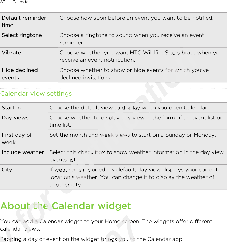 Default remindertimeChoose how soon before an event you want to be notified.Select ringtone Choose a ringtone to sound when you receive an eventreminder.Vibrate Choose whether you want HTC Wildfire S to vibrate when youreceive an event notification.Hide declinedeventsChoose whether to show or hide events for which you&apos;vedeclined invitations.Calendar view settingsStart in Choose the default view to display when you open Calendar.Day views Choose whether to display day view in the form of an event list ortime list.First day ofweekSet the month and week views to start on a Sunday or Monday.Include weather Select this check box to show weather information in the day viewevents list.City If weather is included, by default, day view displays your currentlocation&apos;s weather. You can change it to display the weather ofanother city.About the Calendar widgetYou can add a Calendar widget to your Home screen. The widgets offer differentcalendar views.Tapping a day or event on the widget brings you to the Calendar app.83 CalendarOnly You can add a Calendar widget to your Home screen. The widgets offer differentOnly You can add a Calendar widget to your Home screen. The widgets offer differentcalendar views.Only calendar views.Tapping a day or event on the widget brings you to the Calendar app.Only Tapping a day or event on the widget brings you to the Calendar app.for for for About the Calendar widgetfor About the Calendar widgetYou can add a Calendar widget to your Home screen. The widgets offer differentfor You can add a Calendar widget to your Home screen. The widgets offer differentcalendar views.for calendar views.certification certification Choose whether you want HTC Wildfire S to vibrate when youcertification Choose whether you want HTC Wildfire S to vibrate when youChoose whether to show or hide events for which you&apos;vecertification Choose whether to show or hide events for which you&apos;vecertification certification certification certification certification certification Choose the default view to display when you open Calendar.certification Choose the default view to display when you open Calendar.Choose whether to display day view in the form of an event list orcertification Choose whether to display day view in the form of an event list orSet the month and week views to start on a Sunday or Monday.certification Set the month and week views to start on a Sunday or Monday.Select this check box to show weather information in the day viewcertification Select this check box to show weather information in the day viewevents list.certification events list.certification certification certification certification certification If weather is included, by default, day view displays your currentcertification If weather is included, by default, day view displays your currentlocation&apos;s weather. You can change it to display the weather ofcertification location&apos;s weather. You can change it to display the weather ofanother city.certification another city.certification certification certification 2011/03/07You can add a Calendar widget to your Home screen. The widgets offer different2011/03/07You can add a Calendar widget to your Home screen. The widgets offer differentTapping a day or event on the widget brings you to the Calendar app.2011/03/07Tapping a day or event on the widget brings you to the Calendar app.