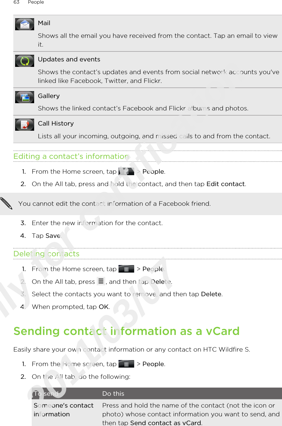 MailShows all the email you have received from the contact. Tap an email to viewit.Updates and eventsShows the contact’s updates and events from social network accounts you&apos;velinked like Facebook, Twitter, and Flickr.GalleryShows the linked contact’s Facebook and Flickr albums and photos.Call HistoryLists all your incoming, outgoing, and missed calls to and from the contact.Editing a contact’s information1. From the Home screen, tap   &gt; People.2. On the All tab, press and hold the contact, and then tap Edit contact. You cannot edit the contact information of a Facebook friend.3. Enter the new information for the contact.4. Tap Save.Deleting contacts1. From the Home screen, tap   &gt; People.2. On the All tab, press  , and then tap Delete.3. Select the contacts you want to remove, and then tap Delete.4. When prompted, tap OK.Sending contact information as a vCardEasily share your own contact information or any contact on HTC Wildfire S.1. From the Home screen, tap   &gt; People.2. On the All tab, do the following:To send Do thisSomeone&apos;s contactinformationPress and hold the name of the contact (not the icon orphoto) whose contact information you want to send, andthen tap Send contact as vCard.63 PeopleOnly for certification  2011/03/07