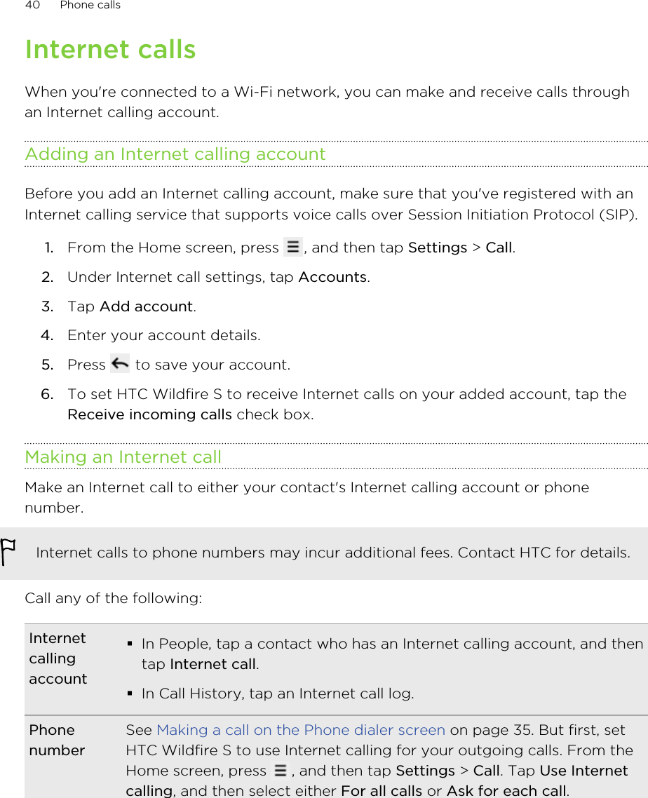 Internet callsWhen you&apos;re connected to a Wi-Fi network, you can make and receive calls throughan Internet calling account.Adding an Internet calling accountBefore you add an Internet calling account, make sure that you&apos;ve registered with anInternet calling service that supports voice calls over Session Initiation Protocol (SIP).1. From the Home screen, press  , and then tap Settings &gt; Call.2. Under Internet call settings, tap Accounts.3. Tap Add account.4. Enter your account details.5. Press   to save your account.6. To set HTC Wildfire S to receive Internet calls on your added account, tap theReceive incoming calls check box.Making an Internet callMake an Internet call to either your contact&apos;s Internet calling account or phonenumber.Internet calls to phone numbers may incur additional fees. Contact HTC for details.Call any of the following:Internetcallingaccount§In People, tap a contact who has an Internet calling account, and thentap Internet call.§In Call History, tap an Internet call log.PhonenumberSee Making a call on the Phone dialer screen on page 35. But first, setHTC Wildfire S to use Internet calling for your outgoing calls. From theHome screen, press  , and then tap Settings &gt; Call. Tap Use Internetcalling, and then select either For all calls or Ask for each call.40 Phone calls