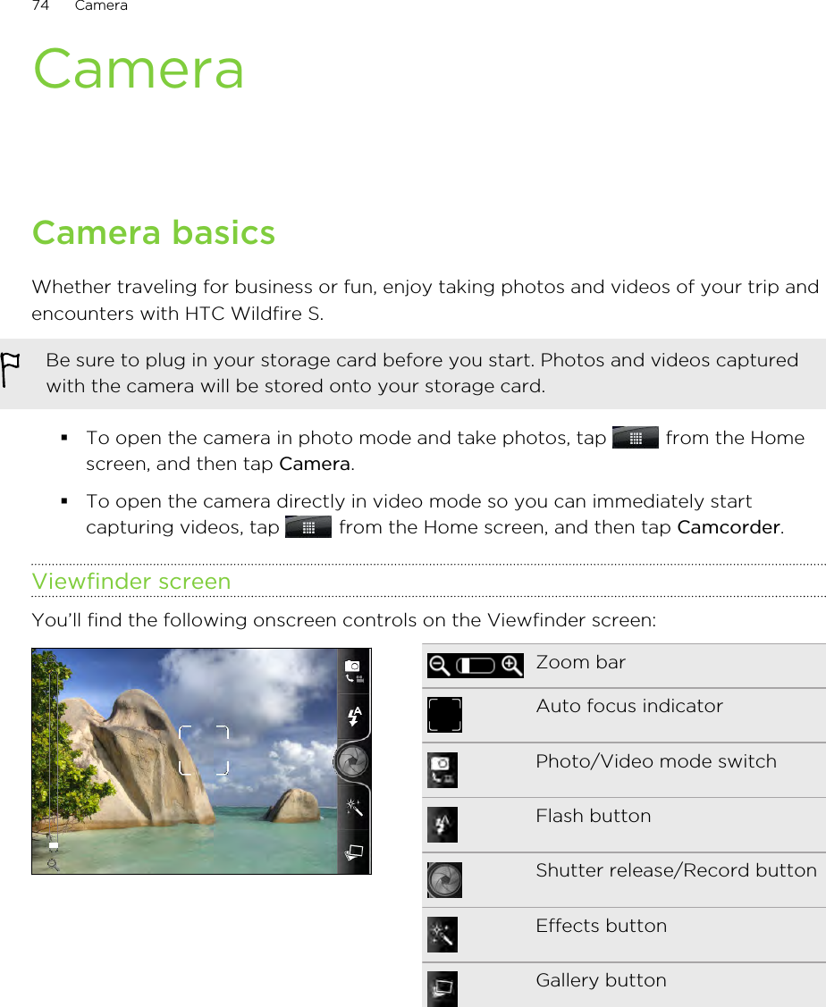 CameraCamera basicsWhether traveling for business or fun, enjoy taking photos and videos of your trip andencounters with HTC Wildfire S.Be sure to plug in your storage card before you start. Photos and videos capturedwith the camera will be stored onto your storage card.§To open the camera in photo mode and take photos, tap   from the Homescreen, and then tap Camera.§To open the camera directly in video mode so you can immediately startcapturing videos, tap   from the Home screen, and then tap Camcorder.Viewfinder screenYou’ll find the following onscreen controls on the Viewfinder screen:Zoom barAuto focus indicatorPhoto/Video mode switchFlash buttonShutter release/Record buttonEffects buttonGallery button74 Camera