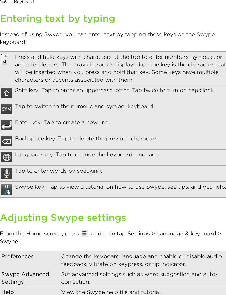Entering text by typingInstead of using Swype, you can enter text by tapping these keys on the Swypekeyboard:Press and hold keys with characters at the top to enter numbers, symbols, oraccented letters. The gray character displayed on the key is the character thatwill be inserted when you press and hold that key. Some keys have multiplecharacters or accents associated with them.Shift key. Tap to enter an uppercase letter. Tap twice to turn on caps lock.Tap to switch to the numeric and symbol keyboard.Enter key. Tap to create a new line.Backspace key. Tap to delete the previous character.Language key. Tap to change the keyboard language.Tap to enter words by speaking.Swype key. Tap to view a tutorial on how to use Swype, see tips, and get help.Adjusting Swype settingsFrom the Home screen, press  , and then tap Settings &gt; Language &amp; keyboard &gt;Swype.Preferences Change the keyboard language and enable or disable audiofeedback, vibrate on keypress, or tip indicator.Swype AdvancedSettingsSet advanced settings such as word suggestion and auto-correction.Help View the Swype help file and tutorial.146 Keyboard