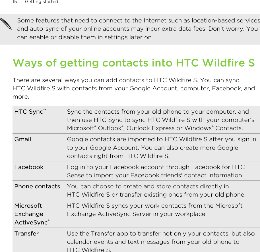 Some features that need to connect to the Internet such as location-based servicesand auto-sync of your online accounts may incur extra data fees. Don’t worry. Youcan enable or disable them in settings later on.Ways of getting contacts into HTC Wildfire SThere are several ways you can add contacts to HTC Wildfire S. You can syncHTC Wildfire S with contacts from your Google Account, computer, Facebook, andmore.HTC Sync™Sync the contacts from your old phone to your computer, andthen use HTC Sync to sync HTC Wildfire S with your computer&apos;sMicrosoft® Outlook®, Outlook Express or Windows® Contacts.Gmail Google contacts are imported to HTC Wildfire S after you sign into your Google Account. You can also create more Googlecontacts right from HTC Wildfire S.Facebook Log in to your Facebook account through Facebook for HTCSense to import your Facebook friends&apos; contact information.Phone contacts You can choose to create and store contacts directly inHTC Wildfire S or transfer existing ones from your old phone.MicrosoftExchangeActiveSync®HTC Wildfire S syncs your work contacts from the MicrosoftExchange ActiveSync Server in your workplace.Transfer Use the Transfer app to transfer not only your contacts, but alsocalendar events and text messages from your old phone toHTC Wildfire S.15 Getting started