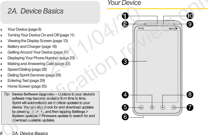 8 2A. Device BasicsࡗYour Device (page 8)ࡗTurning Your Device On and Off (page 11)ࡗViewing the Display Screen (page 13)ࡗBattery and Charger (page 18)ࡗGetting Around Your Device (page 21)ࡗDisplaying Your Phone Number (page 23)ࡗMaking and Answering Calls (page 23)ࡗSpeed Dialing (page 28)ࡗDialing Sprint Services (page 29)ࡗEntering Text (page 29)ࡗHome Screen (page 35)Your DeviceTip: Device Software Upgrades – Updates to your device’s software may become available from time to time. Sprint will automatically send critical updates to your device. You can also check for and download updates by pressing  &gt;  , and then tapping Settings &gt; System updates &gt; Firmware update to search for and download available updates.2A. Device Basics12103459876              2011/04/20  For certification review only