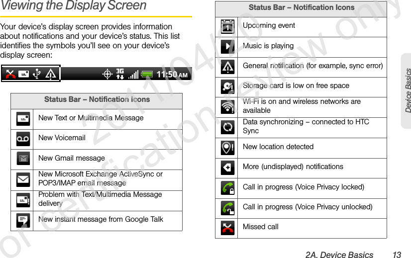 2A. Device Basics 13Device BasicsViewing the Display ScreenYour device’s display screen provides information about notifications and your device’s status. This list identifies the symbols you’ll see on your device’s display screen:Status Bar – Notification IconsNew Text or Multimedia MessageNew VoicemailNew Gmail messageNew Microsoft Exchange ActiveSync or POP3/IMAP email messageProblem with Text/Multimedia Message deliveryNew instant message from Google TalkUpcoming eventMusic is playingGeneral notification (for example, sync error)Storage card is low on free spaceWi-Fi is on and wireless networks are availableData synchronizing – connected to HTC SyncNew location detectedMore (undisplayed) notifications Call in progress (Voice Privacy locked)Call in progress (Voice Privacy unlocked) Missed callStatus Bar – Notification Icons              2011/04/20  For certification review only