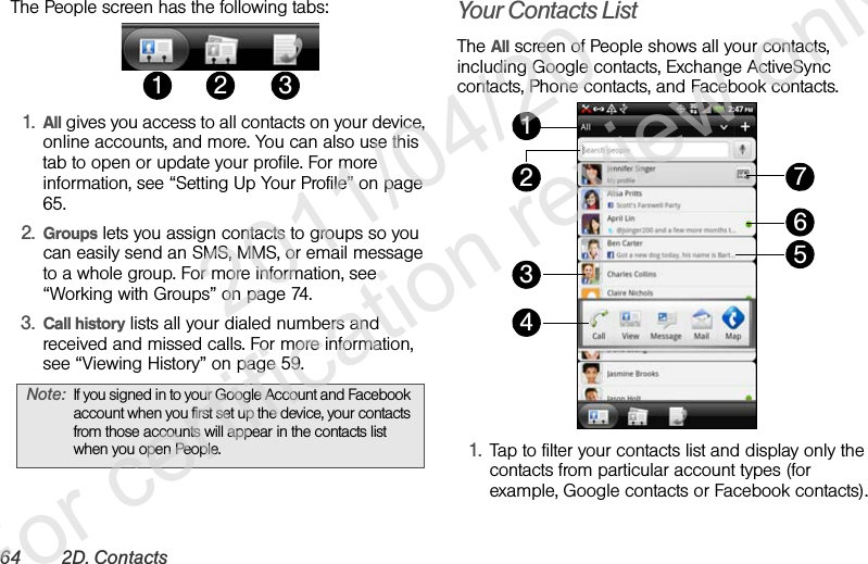 64 2D. ContactsThe People screen has the following tabs:1. All gives you access to all contacts on your device, online accounts, and more. You can also use this tab to open or update your profile. For more information, see “Setting Up Your Profile” on page 65.2. Groups lets you assign contacts to groups so you can easily send an SMS, MMS, or email message to a whole group. For more information, see “Working with Groups” on page 74.3. Call history lists all your dialed numbers and received and missed calls. For more information, see “Viewing History” on page 59.Your Contacts ListThe All screen of People shows all your contacts, including Google contacts, Exchange ActiveSync contacts, Phone contacts, and Facebook contacts.1. Tap to filter your contacts list and display only the contacts from particular account types (for example, Google contacts or Facebook contacts).Note: If you signed in to your Google Account and Facebook account when you first set up the device, your contacts from those accounts will appear in the contacts list when you open People.1 2 31243765              2011/04/20  For certification review only