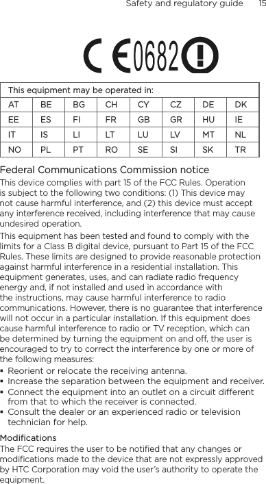Safety and regulatory guide      15         This equipment may be operated in:AT BE BG CH CY CZ DE DKEE ES FI FR GB GR HU IEIT IS LI LT LU LV MT NLNO PL PT RO SE SI SK TRFederal Communications Commission notice This device complies with part 15 of the FCC Rules. Operation is subject to the following two conditions: (1) This device may not cause harmful interference, and (2) this device must accept any interference received, including interference that may cause undesired operation.This equipment has been tested and found to comply with the limits for a Class B digital device, pursuant to Part 15 of the FCC Rules. These limits are designed to provide reasonable protection against harmful interference in a residential installation. This equipment generates, uses, and can radiate radio frequency energy and, if not installed and used in accordance with the instructions, may cause harmful interference to radio communications. However, there is no guarantee that interference will not occur in a particular installation. If this equipment does cause harmful interference to radio or TV reception, which can be determined by turning the equipment on and off, the user is encouraged to try to correct the interference by one or more of the following measures:Reorient or relocate the receiving antenna. Increase the separation between the equipment and receiver.Connect the equipment into an outlet on a circuit dierent from that to which the receiver is connected.Consult the dealer or an experienced radio or television technician for help. ModificationsThe FCC requires the user to be notified that any changes or modifications made to the device that are not expressly approved by HTC Corporation may void the user’s authority to operate the equipment.