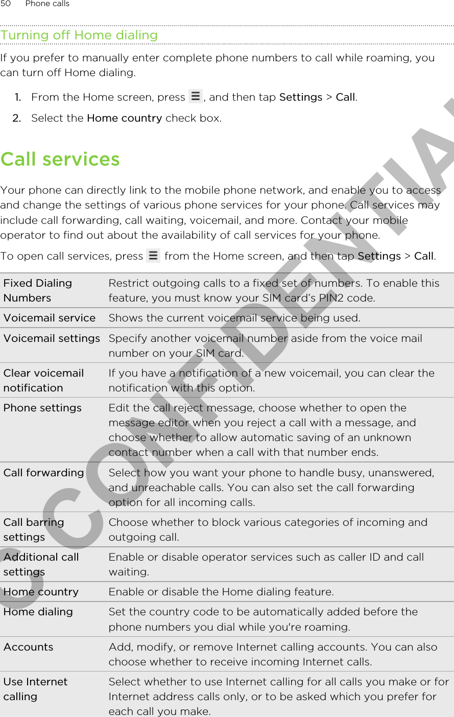 Turning off Home dialingIf you prefer to manually enter complete phone numbers to call while roaming, youcan turn off Home dialing.1. From the Home screen, press  , and then tap Settings &gt; Call.2. Select the Home country check box.Call servicesYour phone can directly link to the mobile phone network, and enable you to accessand change the settings of various phone services for your phone. Call services mayinclude call forwarding, call waiting, voicemail, and more. Contact your mobileoperator to find out about the availability of call services for your phone.To open call services, press   from the Home screen, and then tap Settings &gt; Call.Fixed DialingNumbersRestrict outgoing calls to a fixed set of numbers. To enable thisfeature, you must know your SIM card’s PIN2 code.Voicemail service Shows the current voicemail service being used.Voicemail settings Specify another voicemail number aside from the voice mailnumber on your SIM card.Clear voicemailnotificationIf you have a notification of a new voicemail, you can clear thenotification with this option.Phone settings Edit the call reject message, choose whether to open themessage editor when you reject a call with a message, andchoose whether to allow automatic saving of an unknowncontact number when a call with that number ends.Call forwarding Select how you want your phone to handle busy, unanswered,and unreachable calls. You can also set the call forwardingoption for all incoming calls.Call barringsettingsChoose whether to block various categories of incoming andoutgoing call.Additional callsettingsEnable or disable operator services such as caller ID and callwaiting.Home country Enable or disable the Home dialing feature.Home dialing Set the country code to be automatically added before thephone numbers you dial while you&apos;re roaming.Accounts Add, modify, or remove Internet calling accounts. You can alsochoose whether to receive incoming Internet calls.Use InternetcallingSelect whether to use Internet calling for all calls you make or forInternet address calls only, or to be asked which you prefer foreach call you make.50 Phone callsHTC CONFIDENTIAL
