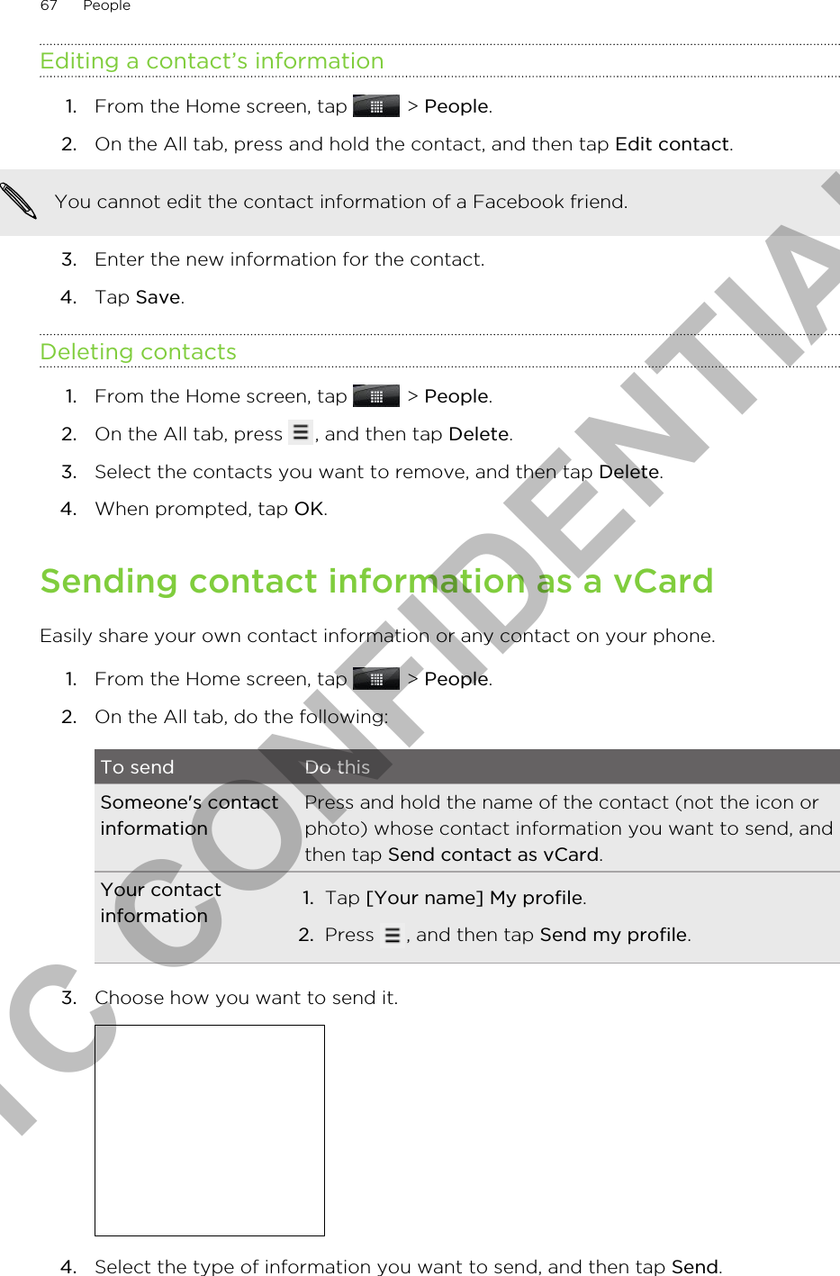 Editing a contact’s information1. From the Home screen, tap   &gt; People.2. On the All tab, press and hold the contact, and then tap Edit contact. You cannot edit the contact information of a Facebook friend.3. Enter the new information for the contact.4. Tap Save.Deleting contacts1. From the Home screen, tap   &gt; People.2. On the All tab, press  , and then tap Delete.3. Select the contacts you want to remove, and then tap Delete.4. When prompted, tap OK.Sending contact information as a vCardEasily share your own contact information or any contact on your phone.1. From the Home screen, tap   &gt; People.2. On the All tab, do the following:To send Do thisSomeone&apos;s contactinformationPress and hold the name of the contact (not the icon orphoto) whose contact information you want to send, andthen tap Send contact as vCard.Your contactinformation 1. Tap [Your name] My profile.2. Press  , and then tap Send my profile.3. Choose how you want to send it. 4. Select the type of information you want to send, and then tap Send.67 PeopleHTC CONFIDENTIAL