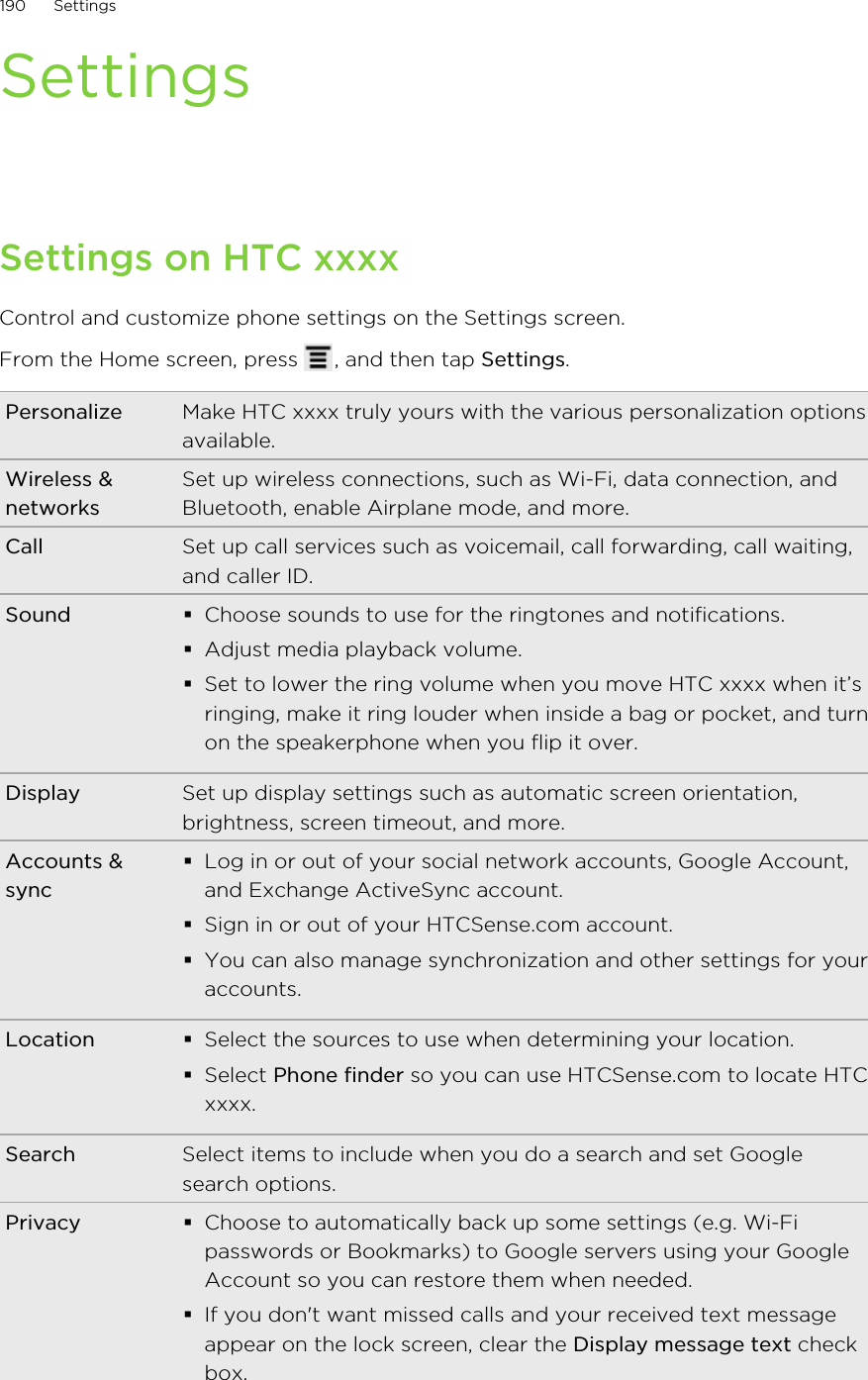 SettingsSettings on HTC xxxxControl and customize phone settings on the Settings screen.From the Home screen, press  , and then tap Settings.Personalize Make HTC xxxx truly yours with the various personalization optionsavailable.Wireless &amp;networksSet up wireless connections, such as Wi-Fi, data connection, andBluetooth, enable Airplane mode, and more.Call Set up call services such as voicemail, call forwarding, call waiting,and caller ID.Sound §Choose sounds to use for the ringtones and notifications.§Adjust media playback volume.§Set to lower the ring volume when you move HTC xxxx when it’sringing, make it ring louder when inside a bag or pocket, and turnon the speakerphone when you flip it over.Display Set up display settings such as automatic screen orientation,brightness, screen timeout, and more.Accounts &amp;sync§Log in or out of your social network accounts, Google Account,and Exchange ActiveSync account.§Sign in or out of your HTCSense.com account.§You can also manage synchronization and other settings for youraccounts.Location §Select the sources to use when determining your location.§Select Phone finder so you can use HTCSense.com to locate HTCxxxx.Search Select items to include when you do a search and set Googlesearch options.Privacy §Choose to automatically back up some settings (e.g. Wi-Fipasswords or Bookmarks) to Google servers using your GoogleAccount so you can restore them when needed.§If you don&apos;t want missed calls and your received text messageappear on the lock screen, clear the Display message text checkbox.190 Settings