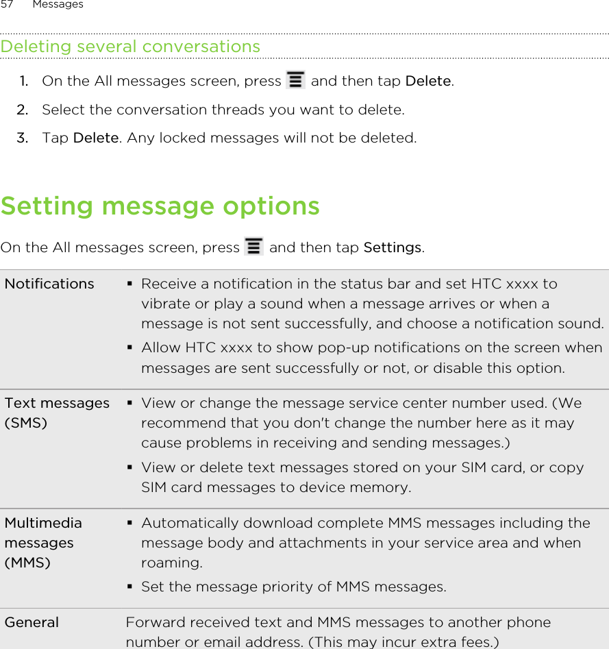 Deleting several conversations1. On the All messages screen, press   and then tap Delete.2. Select the conversation threads you want to delete.3. Tap Delete. Any locked messages will not be deleted.Setting message optionsOn the All messages screen, press   and then tap Settings.Notifications §Receive a notification in the status bar and set HTC xxxx tovibrate or play a sound when a message arrives or when amessage is not sent successfully, and choose a notification sound.§Allow HTC xxxx to show pop-up notifications on the screen whenmessages are sent successfully or not, or disable this option.Text messages(SMS)§View or change the message service center number used. (Werecommend that you don&apos;t change the number here as it maycause problems in receiving and sending messages.)§View or delete text messages stored on your SIM card, or copySIM card messages to device memory.Multimediamessages(MMS)§Automatically download complete MMS messages including themessage body and attachments in your service area and whenroaming.§Set the message priority of MMS messages.General Forward received text and MMS messages to another phonenumber or email address. (This may incur extra fees.)57 Messages
