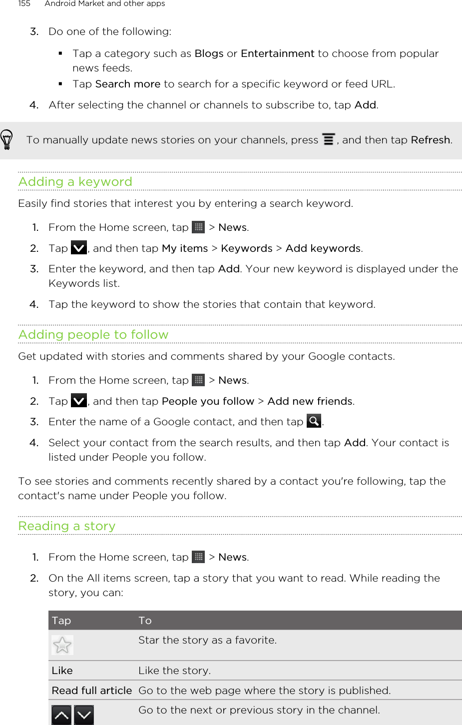 3. Do one of the following:§Tap a category such as Blogs or Entertainment to choose from popularnews feeds.§Tap Search more to search for a specific keyword or feed URL.4. After selecting the channel or channels to subscribe to, tap Add.To manually update news stories on your channels, press  , and then tap Refresh.Adding a keywordEasily find stories that interest you by entering a search keyword.1. From the Home screen, tap   &gt; News.2. Tap  , and then tap My items &gt; Keywords &gt; Add keywords.3. Enter the keyword, and then tap Add. Your new keyword is displayed under theKeywords list.4. Tap the keyword to show the stories that contain that keyword.Adding people to followGet updated with stories and comments shared by your Google contacts.1. From the Home screen, tap   &gt; News.2. Tap  , and then tap People you follow &gt; Add new friends.3. Enter the name of a Google contact, and then tap  .4. Select your contact from the search results, and then tap Add. Your contact islisted under People you follow.To see stories and comments recently shared by a contact you&apos;re following, tap thecontact&apos;s name under People you follow.Reading a story1. From the Home screen, tap   &gt; News.2. On the All items screen, tap a story that you want to read. While reading thestory, you can:Tap ToStar the story as a favorite.Like Like the story.Read full article Go to the web page where the story is published. Go to the next or previous story in the channel.155 Android Market and other apps