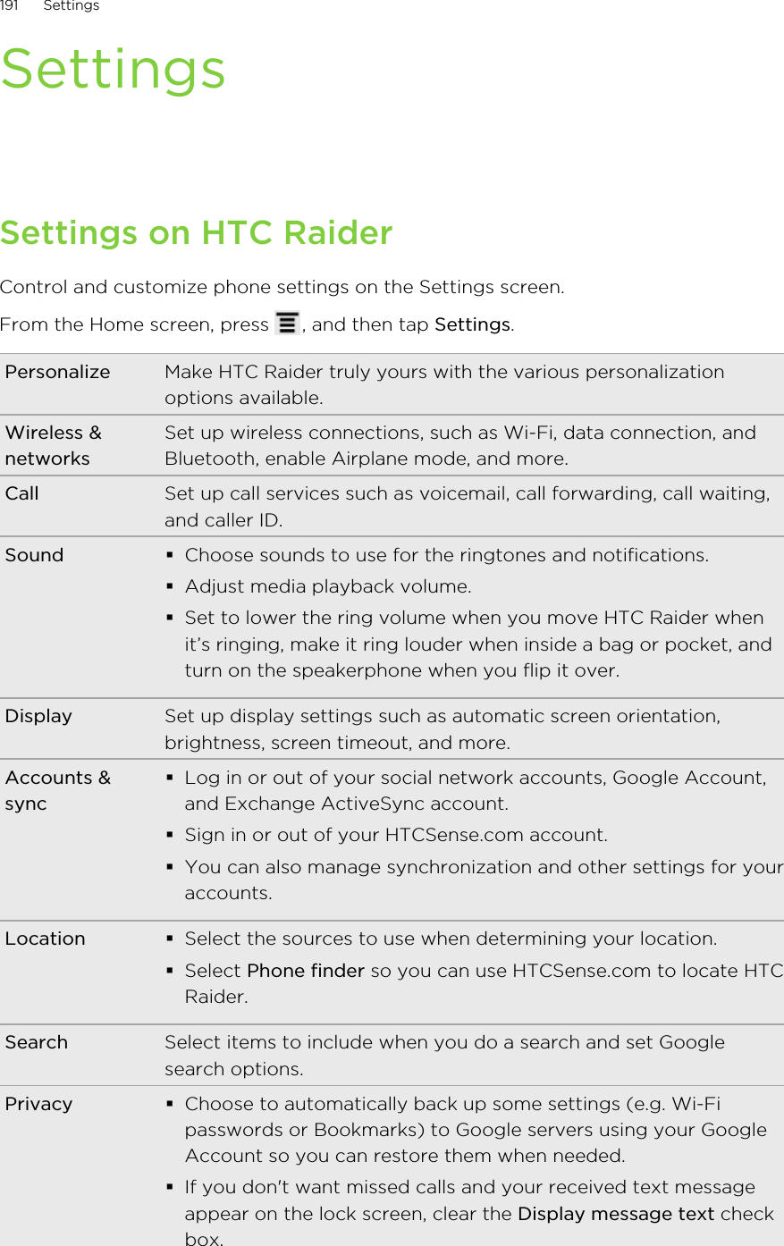 SettingsSettings on HTC RaiderControl and customize phone settings on the Settings screen.From the Home screen, press  , and then tap Settings.Personalize Make HTC Raider truly yours with the various personalizationoptions available.Wireless &amp;networksSet up wireless connections, such as Wi-Fi, data connection, andBluetooth, enable Airplane mode, and more.Call Set up call services such as voicemail, call forwarding, call waiting,and caller ID.Sound §Choose sounds to use for the ringtones and notifications.§Adjust media playback volume.§Set to lower the ring volume when you move HTC Raider whenit’s ringing, make it ring louder when inside a bag or pocket, andturn on the speakerphone when you flip it over.Display Set up display settings such as automatic screen orientation,brightness, screen timeout, and more.Accounts &amp;sync§Log in or out of your social network accounts, Google Account,and Exchange ActiveSync account.§Sign in or out of your HTCSense.com account.§You can also manage synchronization and other settings for youraccounts.Location §Select the sources to use when determining your location.§Select Phone finder so you can use HTCSense.com to locate HTCRaider.Search Select items to include when you do a search and set Googlesearch options.Privacy §Choose to automatically back up some settings (e.g. Wi-Fipasswords or Bookmarks) to Google servers using your GoogleAccount so you can restore them when needed.§If you don&apos;t want missed calls and your received text messageappear on the lock screen, clear the Display message text checkbox.191 Settings