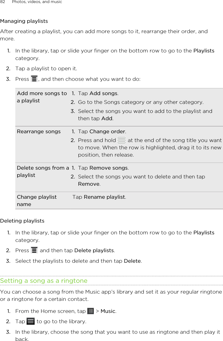 Managing playlistsAfter creating a playlist, you can add more songs to it, rearrange their order, andmore.1. In the library, tap or slide your finger on the bottom row to go to the Playlistscategory.2. Tap a playlist to open it.3. Press  , and then choose what you want to do:Add more songs toa playlist1. Tap Add songs.2. Go to the Songs category or any other category.3. Select the songs you want to add to the playlist andthen tap Add.Rearrange songs 1. Tap Change order.2. Press and hold   at the end of the song title you wantto move. When the row is highlighted, drag it to its newposition, then release.Delete songs from aplaylist1. Tap Remove songs.2. Select the songs you want to delete and then tapRemove.Change playlistnameTap Rename playlist.Deleting playlists1. In the library, tap or slide your finger on the bottom row to go to the Playlistscategory.2. Press   and then tap Delete playlists.3. Select the playlists to delete and then tap Delete.Setting a song as a ringtoneYou can choose a song from the Music app’s library and set it as your regular ringtoneor a ringtone for a certain contact.1. From the Home screen, tap   &gt; Music.2. Tap   to go to the library.3. In the library, choose the song that you want to use as ringtone and then play itback.82 Photos, videos, and music