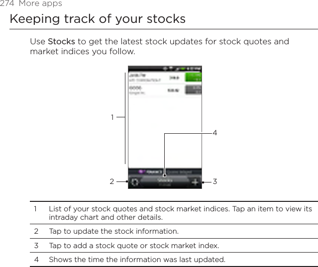 274  More appsKeeping track of your stocksUse Stocks to get the latest stock updates for stock quotes and market indices you follow. 12341  List of your stock quotes and stock market indices. Tap an item to view its intraday chart and other details.2  Tap to update the stock information.3  Tap to add a stock quote or stock market index.4  Shows the time the information was last updated.