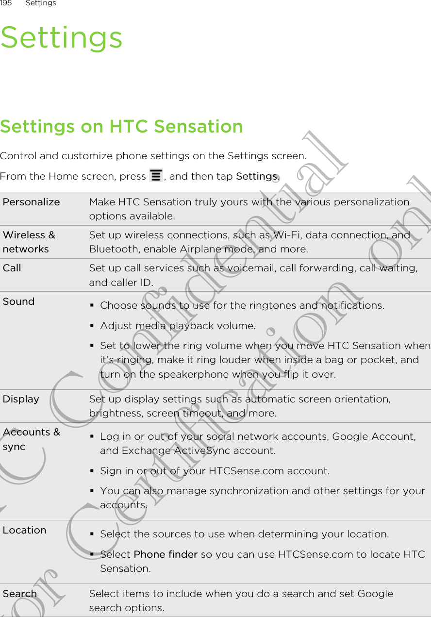 SettingsSettings on HTC SensationControl and customize phone settings on the Settings screen.From the Home screen, press  , and then tap Settings.Personalize Make HTC Sensation truly yours with the various personalizationoptions available.Wireless &amp;networksSet up wireless connections, such as Wi-Fi, data connection, andBluetooth, enable Airplane mode, and more.Call Set up call services such as voicemail, call forwarding, call waiting,and caller ID.Sound §Choose sounds to use for the ringtones and notifications.§Adjust media playback volume.§Set to lower the ring volume when you move HTC Sensation whenit’s ringing, make it ring louder when inside a bag or pocket, andturn on the speakerphone when you flip it over.Display Set up display settings such as automatic screen orientation,brightness, screen timeout, and more.Accounts &amp;sync§Log in or out of your social network accounts, Google Account,and Exchange ActiveSync account.§Sign in or out of your HTCSense.com account.§You can also manage synchronization and other settings for youraccounts.Location §Select the sources to use when determining your location.§Select Phone finder so you can use HTCSense.com to locate HTCSensation.Search Select items to include when you do a search and set Googlesearch options.195 SettingsHTC Confidential for Certification only