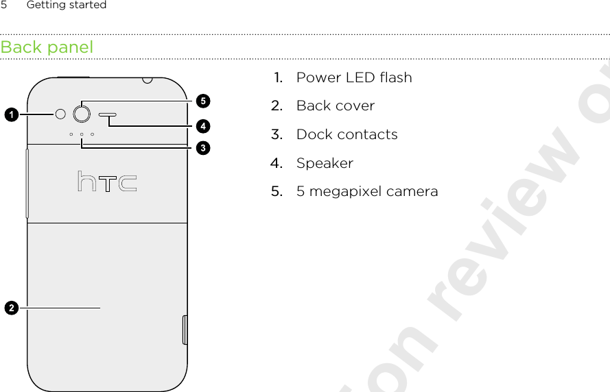 Back panel1. Power LED flash2. Back cover3. Dock contacts4. Speaker5. 5 megapixel camera5 Getting started2011/08/10 for certification review only