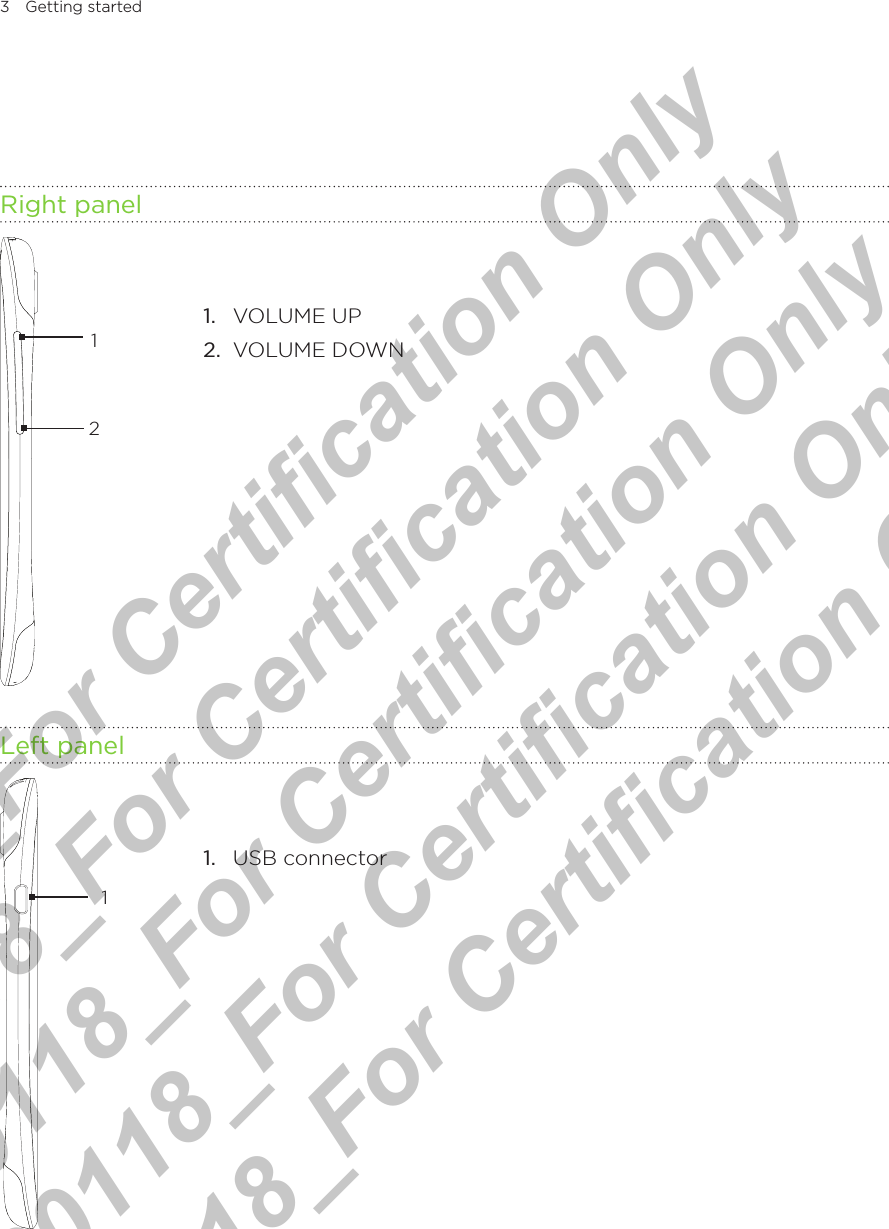3 Getting startedRight panel1.  VOLUME UP 2.  VOLUME DOWNLeft panel1.  USB connector12120120118_For Certification Only 20120118_For Certification Only 20120118_For Certification Only 20120118_For Certification Only 20120118_For Certification Only