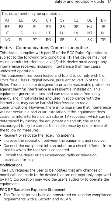 Safety and regulatory guide    17 This equipment may be operated in: AT  BE  BG CH CY  CZ DE DK EE  ES  FI  FR  GB GR HU IE IT  IS  LI  LT  LU  LV  MT NL NO PL  PT  RO SE  SI  SK  TR Federal Communications Commission notice   This device complies with part 15 of the FCC Rules. Operation is subject to the following two conditions: (1) This device may not cause harmful interference, and (2) this device must accept any interference received, including interference that may cause undesired operation. This equipment has been tested and found to comply with the limits for a Class B digital device, pursuant to Part 15 of the FCC Rules. These limits are designed to provide reasonable protection against harmful interference in a residential installation. This equipment generates, uses, and can radiate radio frequency energy and, if not installed and used in accordance with the instructions, may cause harmful interference to radio communications. However, there is no guarantee that interference will not occur in a particular installation. If this equipment does cause harmful interference to radio or TV reception, which can be determined by turning the equipment on and off, the user is encouraged to try to correct the interference by one or more of the following measures:  Reorient or relocate the receiving antenna.    Increase the separation between the equipment and receiver.  Connect the equipment into an outlet on a circuit different from that to which the receiver is connected.  Consult the dealer or an experienced radio or television technician for help.   Modifications The FCC requires the user to be notified that any changes or modifications made to the device that are not expressly approved by HTC Corporation may void the user’s authority to operate the equipment. FCC RF Radiation Exposure Statement  This Transmitter has been demonstrated co-location compliance requirements with Bluetooth and WLAN. 