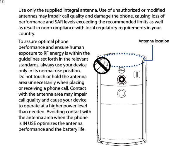 10 Use only the supplied integral antenna. Use of unauthorized or modified antennas may impair call quality and damage the phone, causing loss of performance and SAR levels exceeding the recommended limits as well as result in non-compliance with local regulatory requirements in your country.To assure optimal phone performance and ensure human exposure to RF energy is within the guidelines set forth in the relevant standards, always use your device only in its normal-use position. Do not touch or hold the antenna area unnecessarily when placing or receiving a phone call. Contact with the antenna area may impair call quality and cause your device to operate at a higher power level than needed. Avoiding contact with the antenna area when the phone is IN USE optimizes the antenna performance and the battery life.Antenna location
