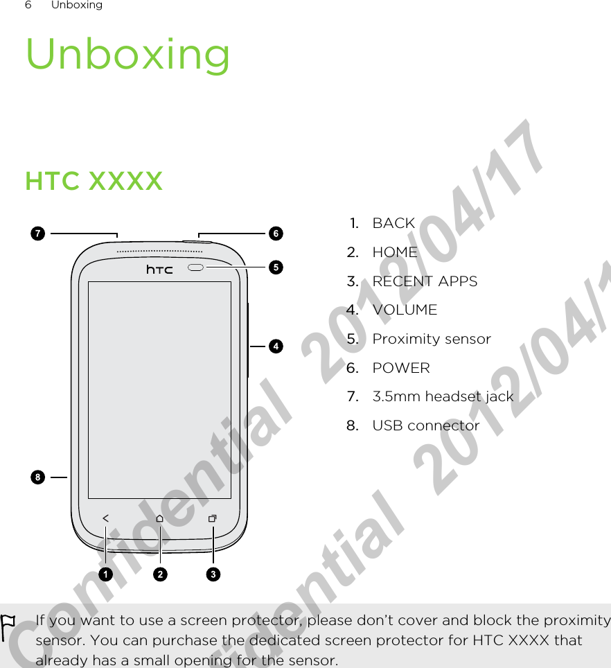 UnboxingHTC XXXX1. BACK2. HOME3. RECENT APPS4. VOLUME5. Proximity sensor6. POWER7. 3.5mm headset jack8. USB connectorIf you want to use a screen protector, please don’t cover and block the proximitysensor. You can purchase the dedicated screen protector for HTC XXXX thatalready has a small opening for the sensor.6 UnboxingHTC Confidential  2012/04/17  HTC Confidential  2012/04/17 