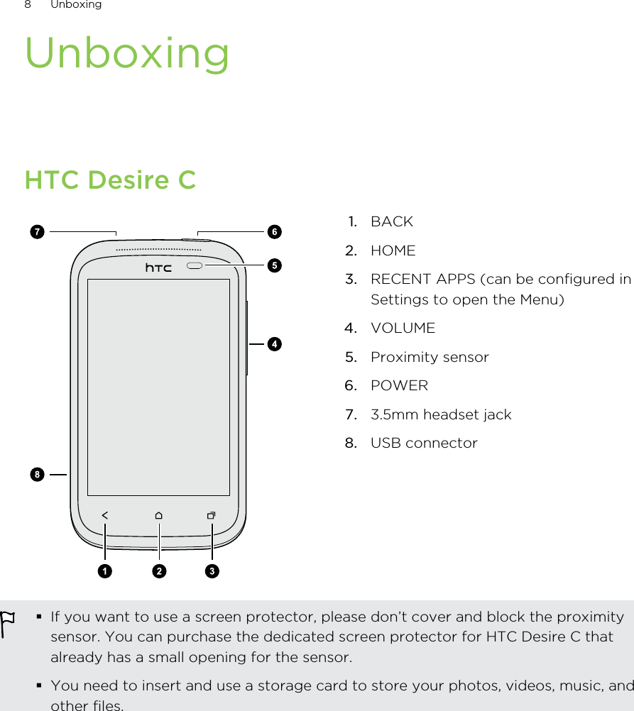 UnboxingHTC Desire C1. BACK2. HOME3. RECENT APPS (can be configured inSettings to open the Menu)4. VOLUME5. Proximity sensor6. POWER7. 3.5mm headset jack8. USB connectorIf you want to use a screen protector, please don’t cover and block the proximitysensor. You can purchase the dedicated screen protector for HTC Desire C thatalready has a small opening for the sensor.You need to insert and use a storage card to store your photos, videos, music, andother files.8 Unboxing