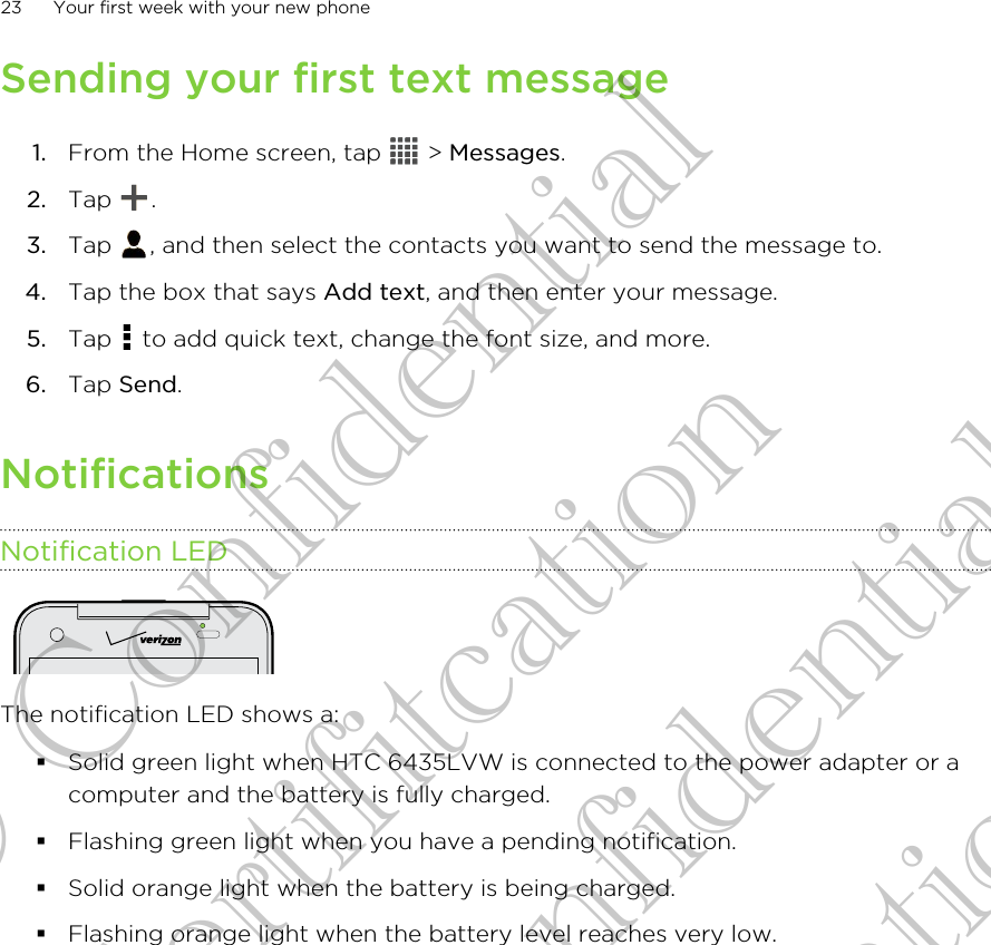 Sending your first text message1. From the Home screen, tap   &gt; Messages.2. Tap  .3. Tap  , and then select the contacts you want to send the message to.4. Tap the box that says Add text, and then enter your message.5. Tap   to add quick text, change the font size, and more.6. Tap Send.NotificationsNotification LEDThe notification LED shows a:§Solid green light when HTC 6435LVW is connected to the power adapter or acomputer and the battery is fully charged.§Flashing green light when you have a pending notification.§Solid orange light when the battery is being charged.§Flashing orange light when the battery level reaches very low.23 Your first week with your new phoneHTC Confidential for Certifitcation HTC Confidential for Certifitcation