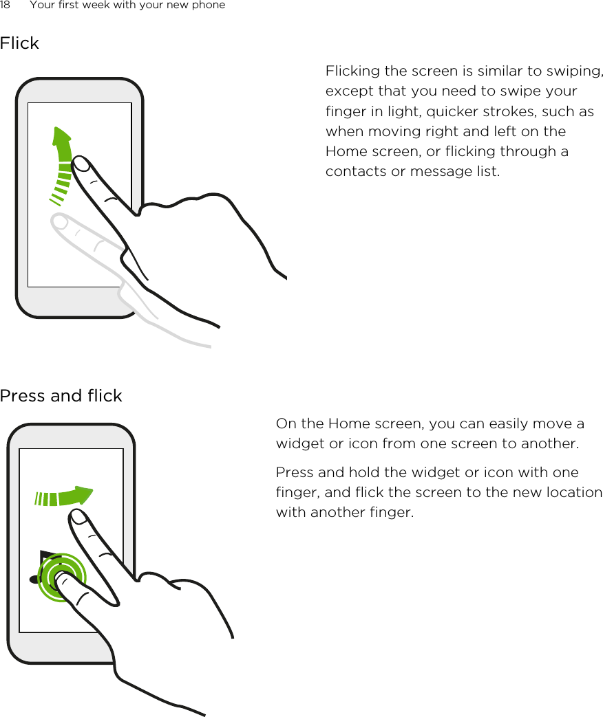 FlickFlicking the screen is similar to swiping,except that you need to swipe yourfinger in light, quicker strokes, such aswhen moving right and left on theHome screen, or flicking through acontacts or message list.Press and flickOn the Home screen, you can easily move awidget or icon from one screen to another.Press and hold the widget or icon with onefinger, and flick the screen to the new locationwith another finger.18 Your first week with your new phone