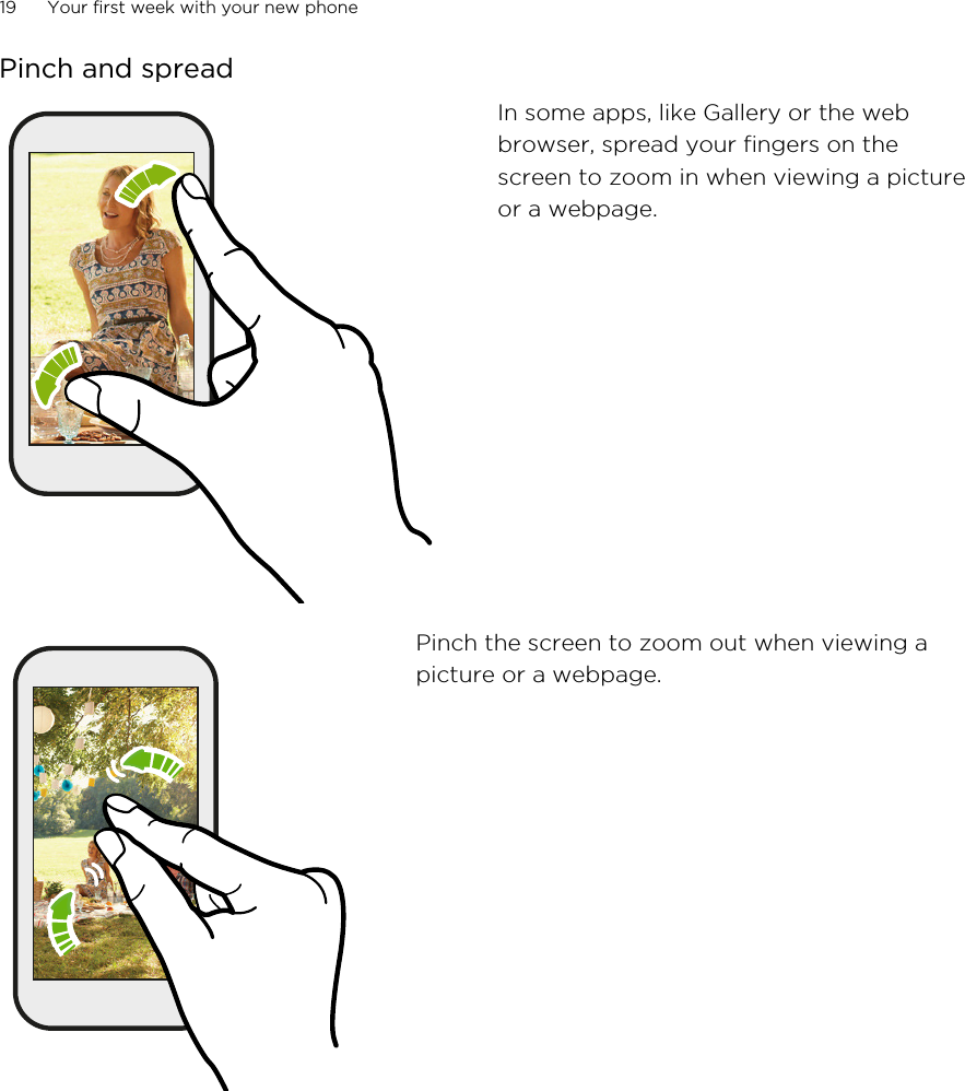 Pinch and spreadIn some apps, like Gallery or the webbrowser, spread your fingers on thescreen to zoom in when viewing a pictureor a webpage.Pinch the screen to zoom out when viewing apicture or a webpage.19 Your first week with your new phone