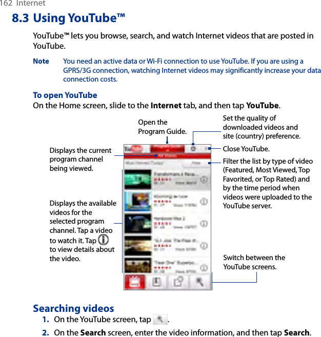 162  Internet8.3 Using YouTube™YouTube™ lets you browse, search, and watch Internet videos that are posted in YouTube.Note  You need an active data or Wi-Fi connection to use YouTube. If you are using a GPRS/3G connection, watching Internet videos may significantly increase your data connection costs.To open YouTubeOn the Home screen, slide to the Internet tab, and then tap YouTube.Open the Program Guide.Displays the current program channel being viewed.Close YouTube.Filter the list by type of video (Featured, Most Viewed, Top Favorited, or Top Rated) and by the time period when videos were uploaded to the YouTube server.Displays the available videos for the selected program channel. Tap a video to watch it. Tap   to view details about the video.  Switch between the YouTube screens.Set the quality of downloaded videos and site (country) preference.Searching videos1.  On the YouTube screen, tap  .2.  On the Search screen, enter the video information, and then tap Search.