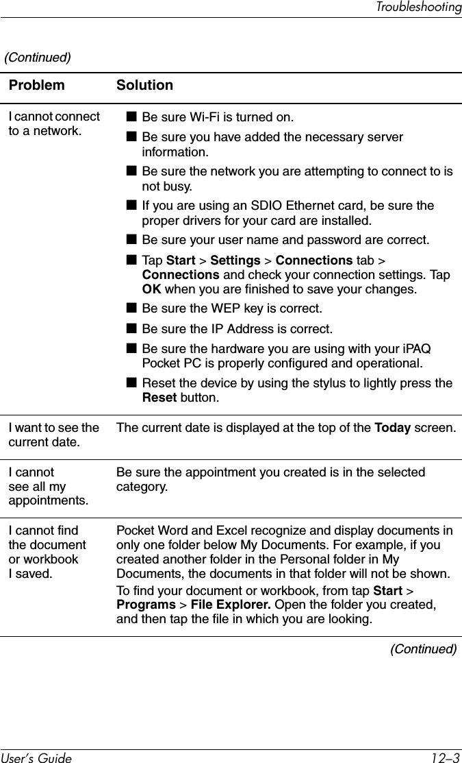 TroubleshootingUser’s Guide 12–3I cannot connect to a network.■Be sure Wi-Fi is turned on.■Be sure you have added the necessary server information.■Be sure the network you are attempting to connect to is not busy.■If you are using an SDIO Ethernet card, be sure the proper drivers for your card are installed.■Be sure your user name and password are correct.■Ta p  Start &gt; Settings &gt; Connections tab &gt; Connections and check your connection settings. Tap OK when you are finished to save your changes.■Be sure the WEP key is correct.■Be sure the IP Address is correct.■Be sure the hardware you are using with your iPAQ Pocket PC is properly configured and operational.■Reset the device by using the stylus to lightly press the Reset button.I want to see the current date.The current date is displayed at the top of the Today screen.I cannot see all my appointments.Be sure the appointment you created is in the selected category.I cannot find the document or workbook Isaved.Pocket Word and Excel recognize and display documents in only one folder below My Documents. For example, if you created another folder in the Personal folder in My Documents, the documents in that folder will not be shown.To find your document or workbook, from tap Start &gt; Programs &gt; File Explorer. Open the folder you created, and then tap the file in which you are looking.(Continued) (Continued)Problem Solution