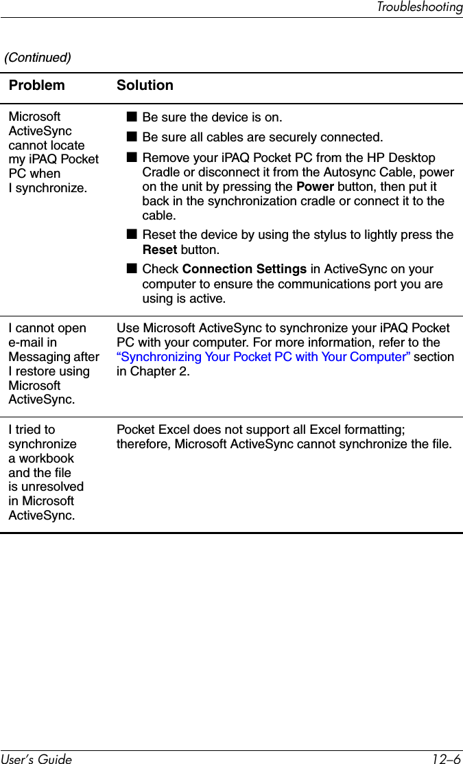 TroubleshootingUser’s Guide 12–6Microsoft ActiveSync cannot locate my iPAQ Pocket PC when I synchronize.■Be sure the device is on.■Be sure all cables are securely connected.■Remove your iPAQ Pocket PC from the HP Desktop Cradle or disconnect it from the Autosync Cable, power on the unit by pressing the Power button, then put it back in the synchronization cradle or connect it to the cable.■Reset the device by using the stylus to lightly press the Reset button.■Check Connection Settings in ActiveSync on your computer to ensure the communications port you are using is active.I cannot open e-mail in Messaging after I restore using Microsoft ActiveSync.Use Microsoft ActiveSync to synchronize your iPAQ Pocket PC with your computer. For more information, refer to the “Synchronizing Your Pocket PC with Your Computer” section in Chapter 2.I tried to synchronize a workbook and the file is unresolved in Microsoft ActiveSync.Pocket Excel does not support all Excel formatting; therefore, Microsoft ActiveSync cannot synchronize the file. (Continued)Problem Solution