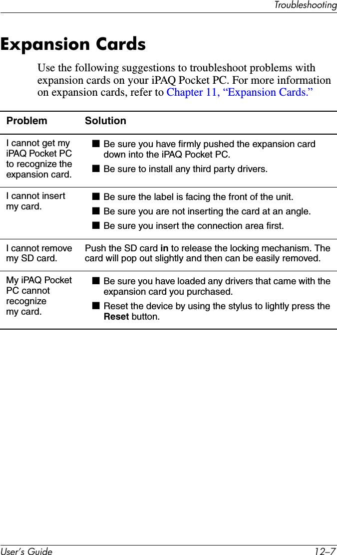 TroubleshootingUser’s Guide 12–7Expansion CardsUse the following suggestions to troubleshoot problems with expansion cards on your iPAQ Pocket PC. For more information on expansion cards, refer to Chapter 11, “Expansion Cards.”Problem SolutionI cannot get my iPAQ Pocket PC to recognize the expansion card.■Be sure you have firmly pushed the expansion card down into the iPAQ Pocket PC. ■Be sure to install any third party drivers.I cannot insert my card.■Be sure the label is facing the front of the unit.■Be sure you are not inserting the card at an angle.■Be sure you insert the connection area first.I cannot remove my SD card.Push the SD card in to release the locking mechanism. The card will pop out slightly and then can be easily removed.My iPAQ Pocket PC cannot recognize my card.■Be sure you have loaded any drivers that came with the expansion card you purchased.■Reset the device by using the stylus to lightly press the Reset button.
