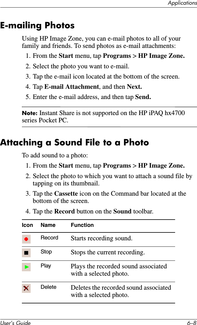 ApplicationsUser’s Guide 6–8E-mailing PhotosUsing HP Image Zone, you can e-mail photos to all of your family and friends. To send photos as e-mail attachments:1. From the Start menu, tap Programs &gt; HP Image Zone.2. Select the photo you want to e-mail.3. Tap the e-mail icon located at the bottom of the screen.4. Tap E-mail Attachment, and then Next.5. Enter the e-mail address, and then tap Send.Note: Instant Share is not supported on the HP iPAQ hx4700 series Pocket PC.Attaching a Sound File to a PhotoTo add sound to a photo:1. From the Start menu, tap Programs &gt; HP Image Zone.2. Select the photo to which you want to attach a sound file by tapping on its thumbnail.3. Tap the Cassette icon on the Command bar located at the bottom of the screen.4. Tap the Record button on the Sound toolbar.Icon Name FunctionRecord Starts recording sound.Stop Stops the current recording.Play Plays the recorded sound associated with a selected photo.Delete Deletes the recorded sound associated with a selected photo.