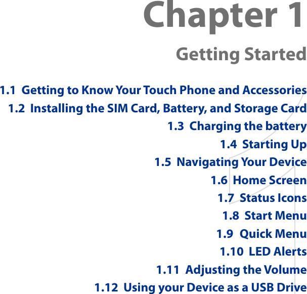 Chapter 1  Getting Started1.1  Getting to Know Your Touch Phone and Accessories1.2  Installing the SIM Card, Battery, and Storage Card1.3  Charging the battery1.4  Starting Up1.5  Navigating Your Device1.6  Home Screen1.7  Status Icons1.8  Start Menu1.9  Quick Menu1.10  LED Alerts1.11  Adjusting the Volume1.12  Using your Device as a USB Drive