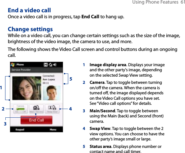 Using Phone Features  61End a video call Once a video call is in progress, tap End Call to hang up.Change settingsWhile on a video call, you can change certain settings such as the size of the image, brightness of the video image, the camera to use, and more.The following shows the Video Call screen and control buttons during an ongoing call. 1Image display area. Displays your image and the other party&apos;s image, depending on the selected Swap View setting.2Camera. Tap to toggle between turning on/off the camera. When the camera is turned off, the image displayed depends on the Video Call options you have set. See “Video call options” for details.3Main/Second. Tap to toggle between using the Main (back) and Second (front) camera.4Swap View. Tap to toggle between the 2 view options. You can choose to have the other party’s image small or large. 5Status area. Displays phone number or contact name and call timer.23451