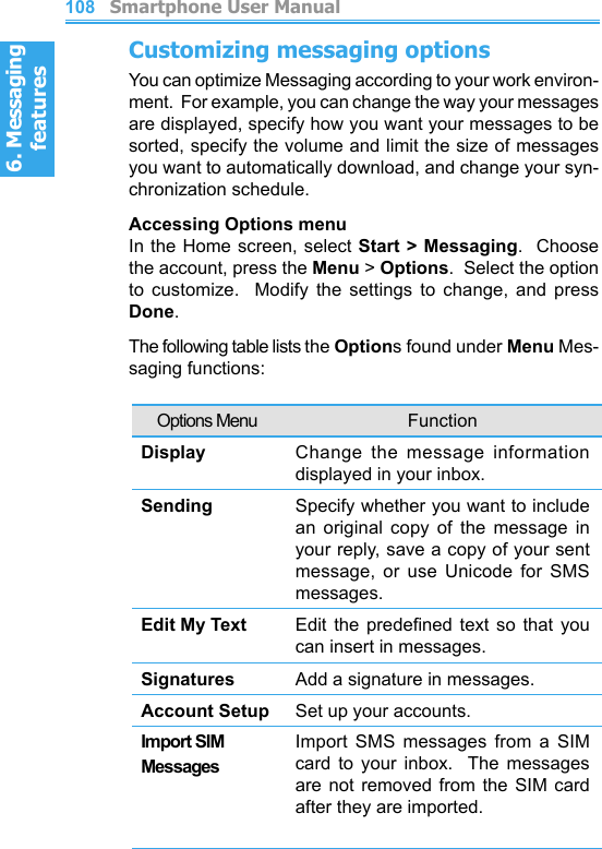 6. Messaging features         Smartphone User Manual1086. Messaging featuresSmartphone User Manual 109Customizing messaging optionsYou can optimize Messaging according to your work environ-ment.  For example, you can change the way your messages are displayed, specify how you want your messages to be sorted, specify the volume and limit the size of messages you want to automatically download, and change your syn-chronization schedule.Accessing Options menuIn the Home screen,  select Start &gt; Messaging.  Choose the account, press the Menu &gt; Options.  Select the option to  customize.    Modify  the  settings  to  change,  and  press Done.The following table lists the Options found under Menu Mes-saging functions:Options Menu FunctionDisplay Change  the  message  information displayed in your inbox.Sending Specify whether you want to include an  original  copy  of  the  message  in your reply, save a copy of your sent message,  or  use  Unicode  for  SMS messages.Edit My Text Edit  the  predened  text  so  that  you can insert in messages.Signatures Add a signature in messages.Account Setup Set up your accounts.Import SIM MessagesImport  SMS  messages  from  a  SIM card  to  your  inbox.    The  messages are not  removed  from  the  SIM card after they are imported.