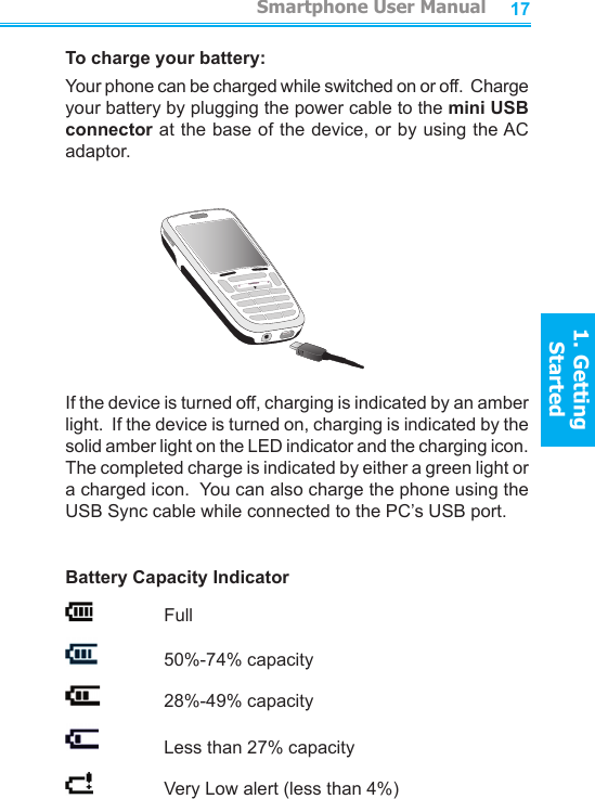 1617To charge your battery:Your phone can be charged while switched on or off.  Charge your battery by plugging the power cable to the mini USB connector at the base of the device, or by using the AC adaptor.         If the device is turned off, charging is indicated by an amber light.  If the device is turned on, charging is indicated by the solid amber light on the LED indicator and the charging icon.  The completed charge is indicated by either a green light or a charged icon.  You can also charge the phone using the USB Sync cable while connected to the PC’s USB port.Battery Capacity Indicator Full  50%-74% capacity  28%-49% capacity  Less than 27% capacity  Very Low alert (less than 4%)         Smartphone User Manual1. Getting StartedSmartphone User Manual1. Getting Started