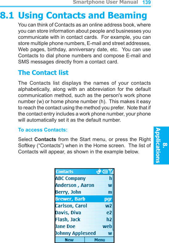          Smartphone User Manual8. ApplicationsSmartphone User Manual8. Applications1381398.1 Using Contacts and BeamingYou can think of Contacts as an online address book, where you can store information about people and businesses you communicate with in contact cards.  For example, you can store multiple phone numbers, E-mail and street addresses, Web pages, birthday, anniversary date, etc.  You can use Contacts to dial phone numbers and compose E-mail and SMS messages directly from a contact card.The Contact listThe  Contacts  list  displays  the  names  of  your  contacts alphabetically,  along  with  an  abbreviation  for  the  default communication method, such as the person&apos;s work phone number (w) or home phone number (h).  This makes it easy to reach the contact using the method you prefer.  Note that if the contact entry includes a work phone number, your phone will automatically set it as the default number.To access Contacts:Select Contacts  from  the Start menu,  or  press the Right Softkey (“Contacts”) when in the Home screen.  The list of Contacts will appear, as shown in the example below.