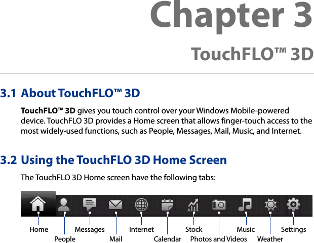 3.1 About TouchFLO™ 3DTouchFLO™ 3D gives you touch control over your Windows Mobile-powered device. TouchFLO 3D provides a Home screen that allows finger-touch access to the most widely-used functions, such as People, Messages, Mail, Music, and Internet.3.2 Using the TouchFLO 3D Home ScreenThe TouchFLO 3D Home screen have the following tabs:Home Music SettingsWeatherInternet StockPhotos and VideosPeople CalendarMessagesMailChapter 3  TouchFLO™ 3D 
